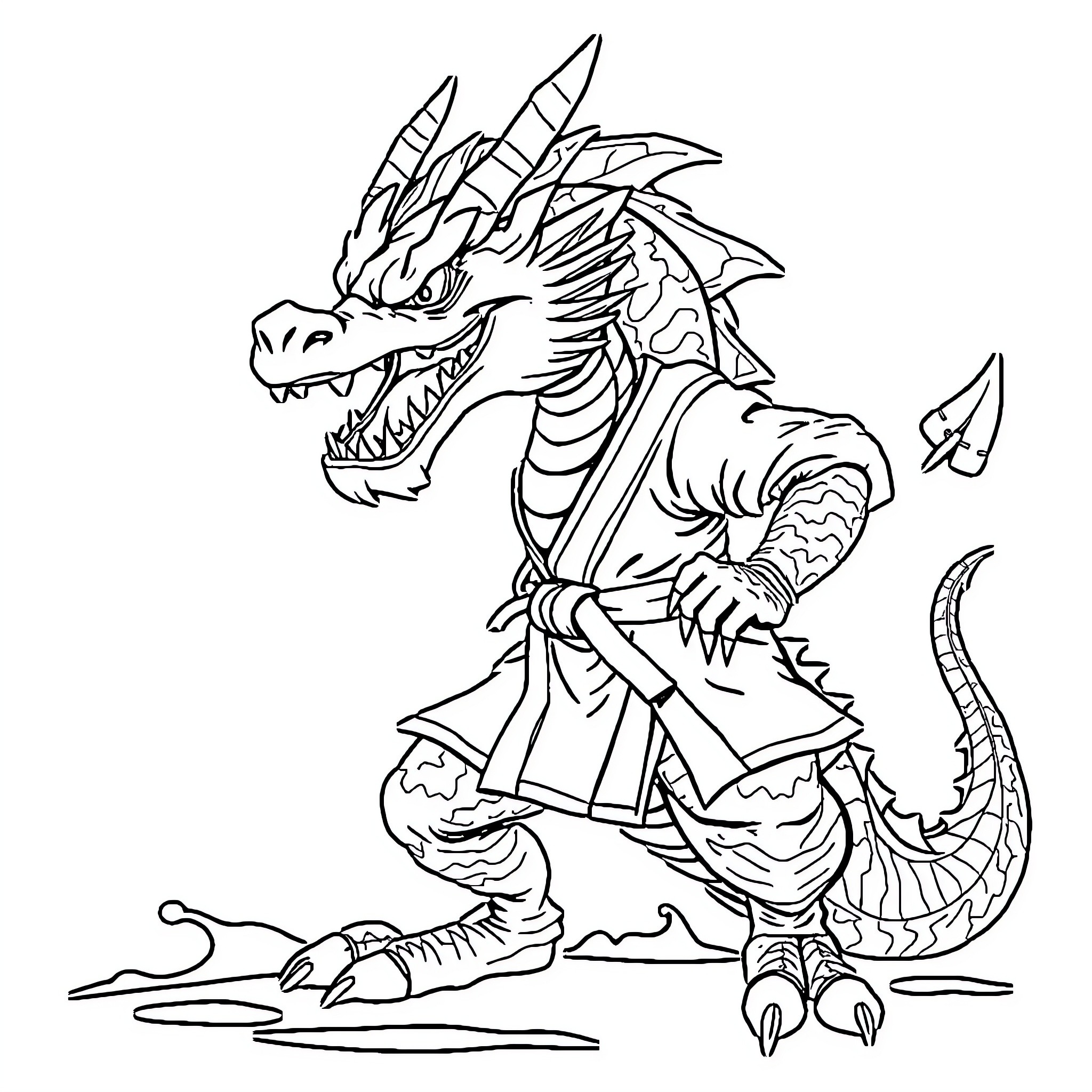 Dragon warrior wielding a sword in action pose Coloring Page (free black-and-white line drawing printable PDF for all, from beginners to advanced learners, including children, teens, adults, and seniors)