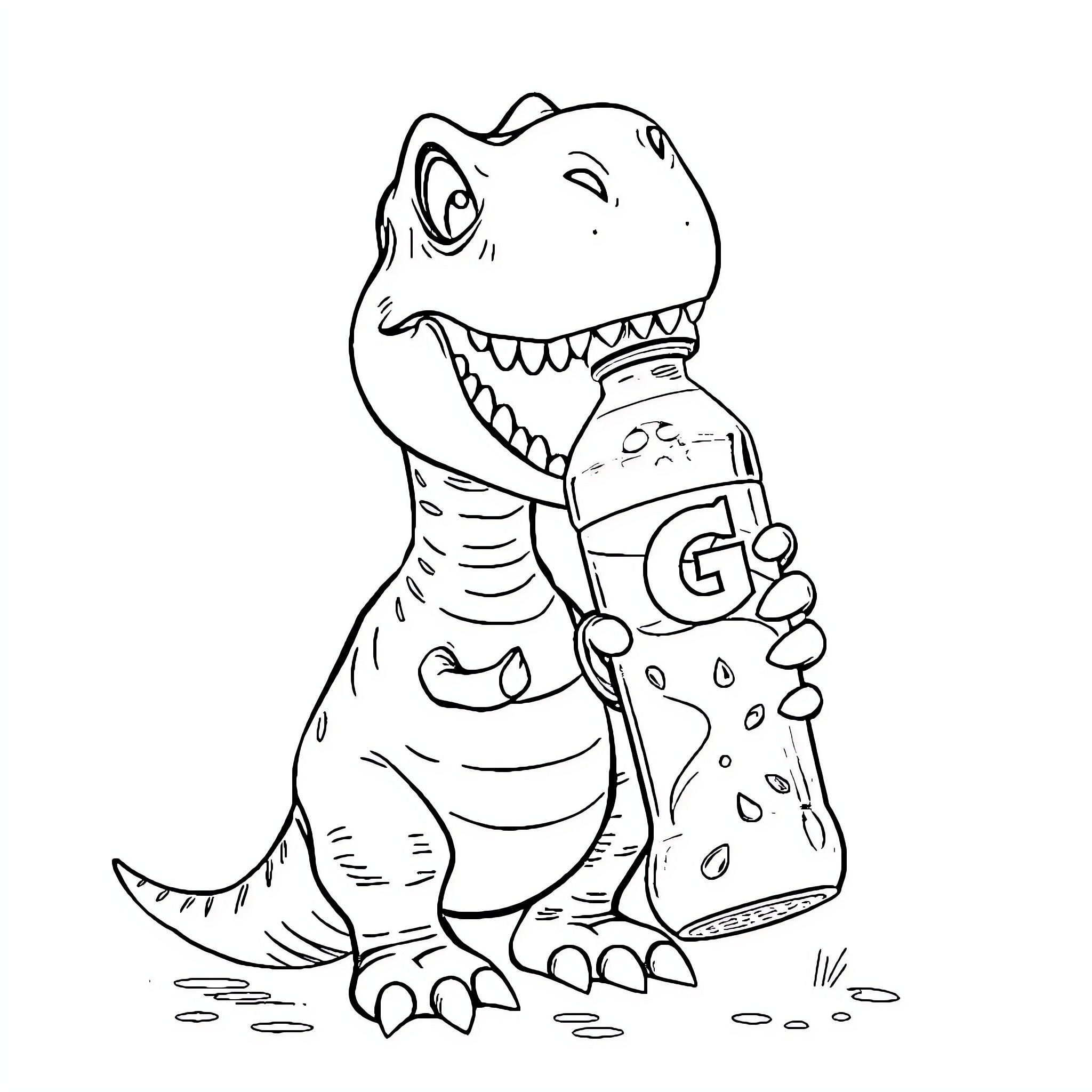 Dinosaur holding a water bottle Coloring Page (free black-and-white line drawing printable PDF for all, from beginners to advanced learners, including children, teens, adults, and seniors)