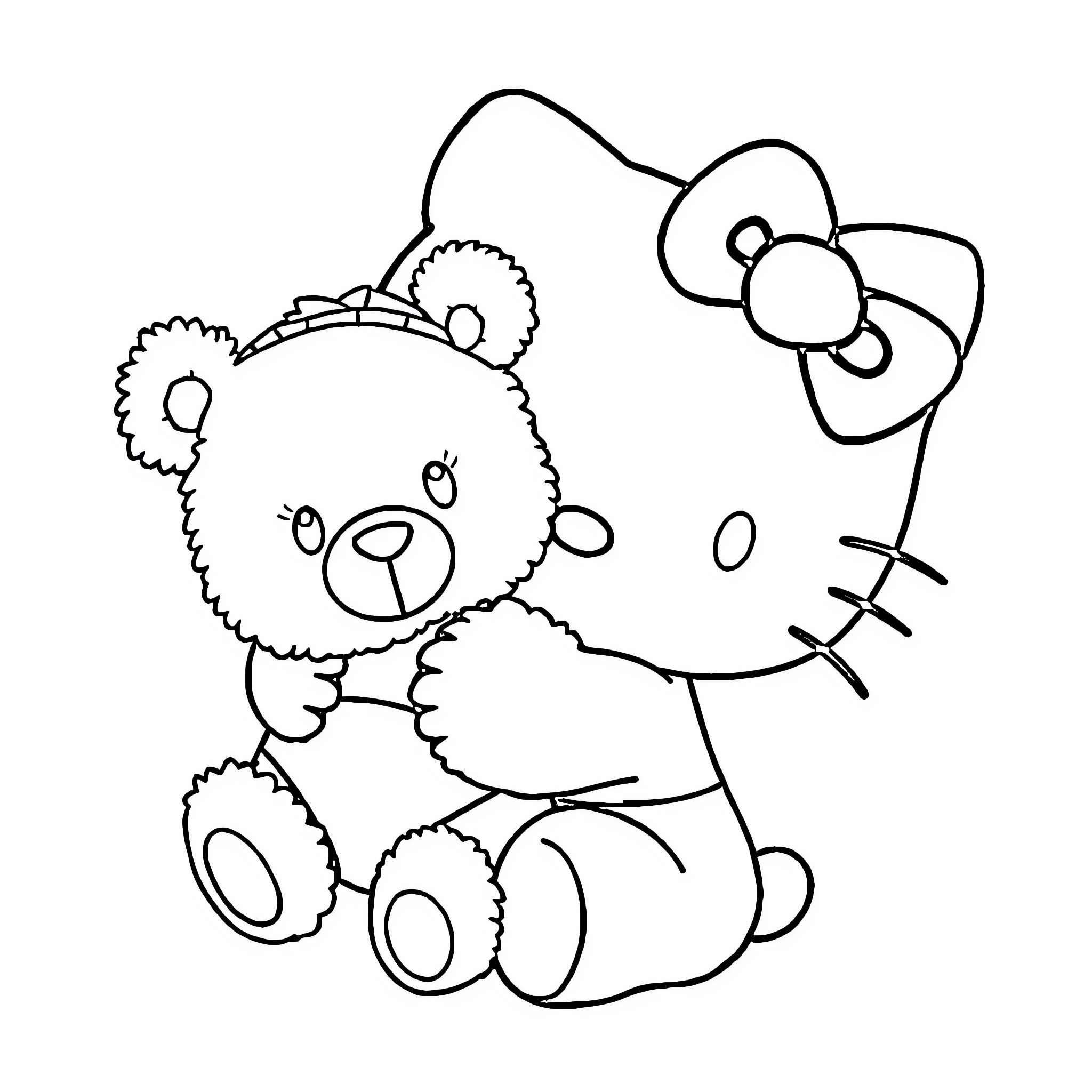 Hello Kitty hugging a teddy bear Coloring Page (free black-and-white line drawing printable PDF for all, from beginners to advanced learners, including children, teens, adults, and seniors)