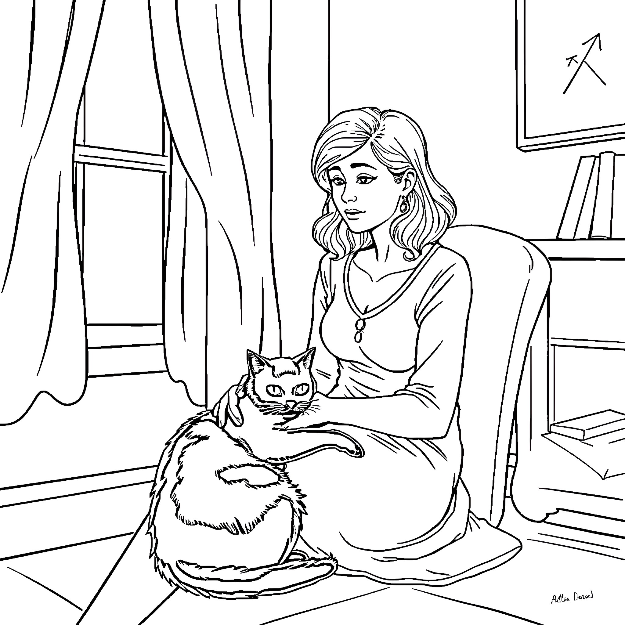 Wednesday evening with a cozy cat companion Coloring Page (free black-and-white line drawing printable PDF for all, from beginners to advanced learners, including children, teens, adults, and seniors)