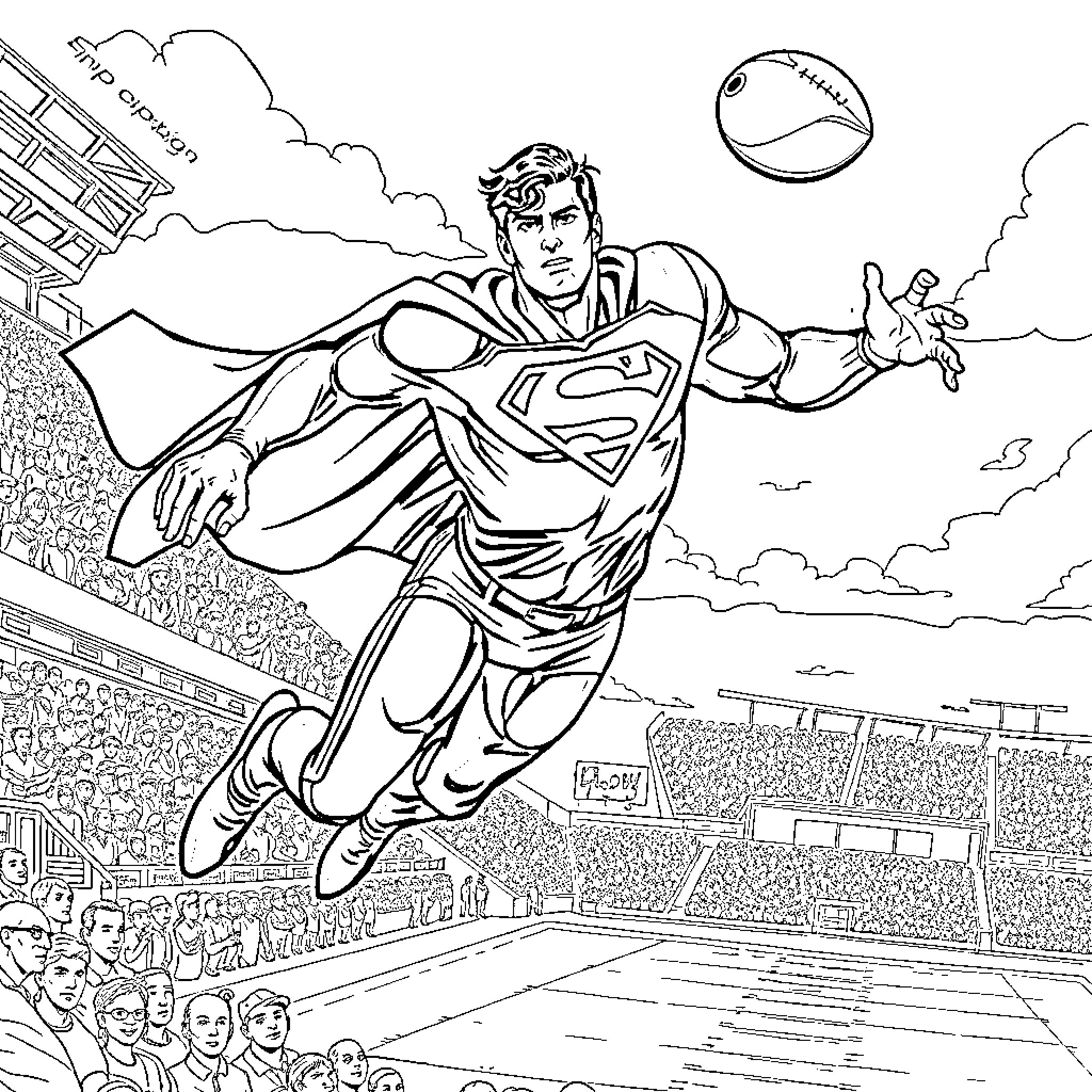 Superman soaring heroically in a sports stadium Coloring Page (free black-and-white line drawing printable PDF for all, from beginners to advanced learners, including children, teens, adults, and seniors)