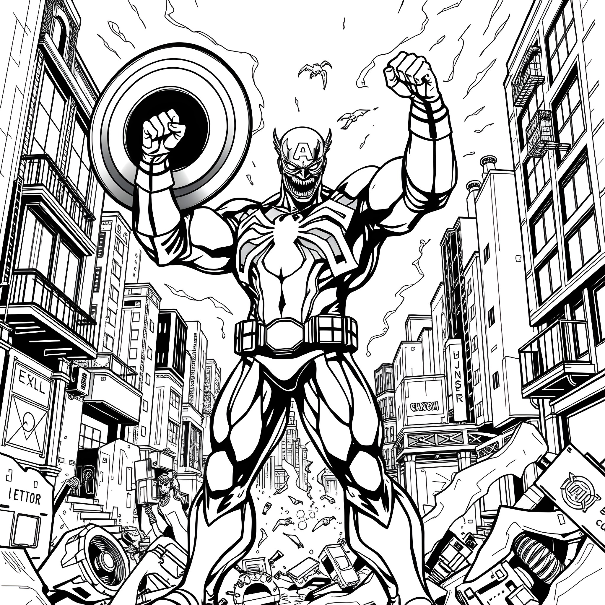 Captain Venom's Heroic Clash in the City Coloring Page (free black-and-white line drawing printable PDF for all, from beginners to advanced learners, including children, teens, adults, and seniors)