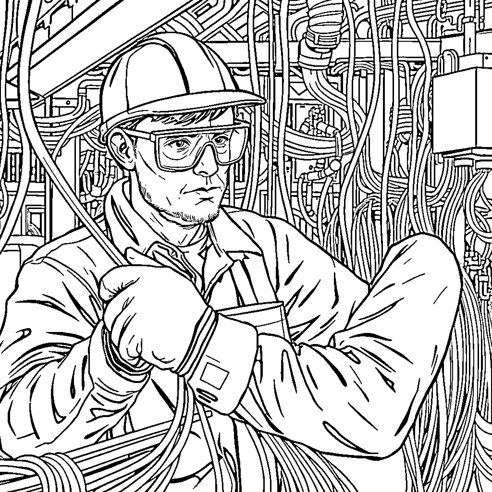 Man in Hardhat Working Intently in Industrial Setting Coloring Page (free black-and-white line drawing printable PDF for all, from beginners to advanced learners, including children, teens, adults, and seniors)