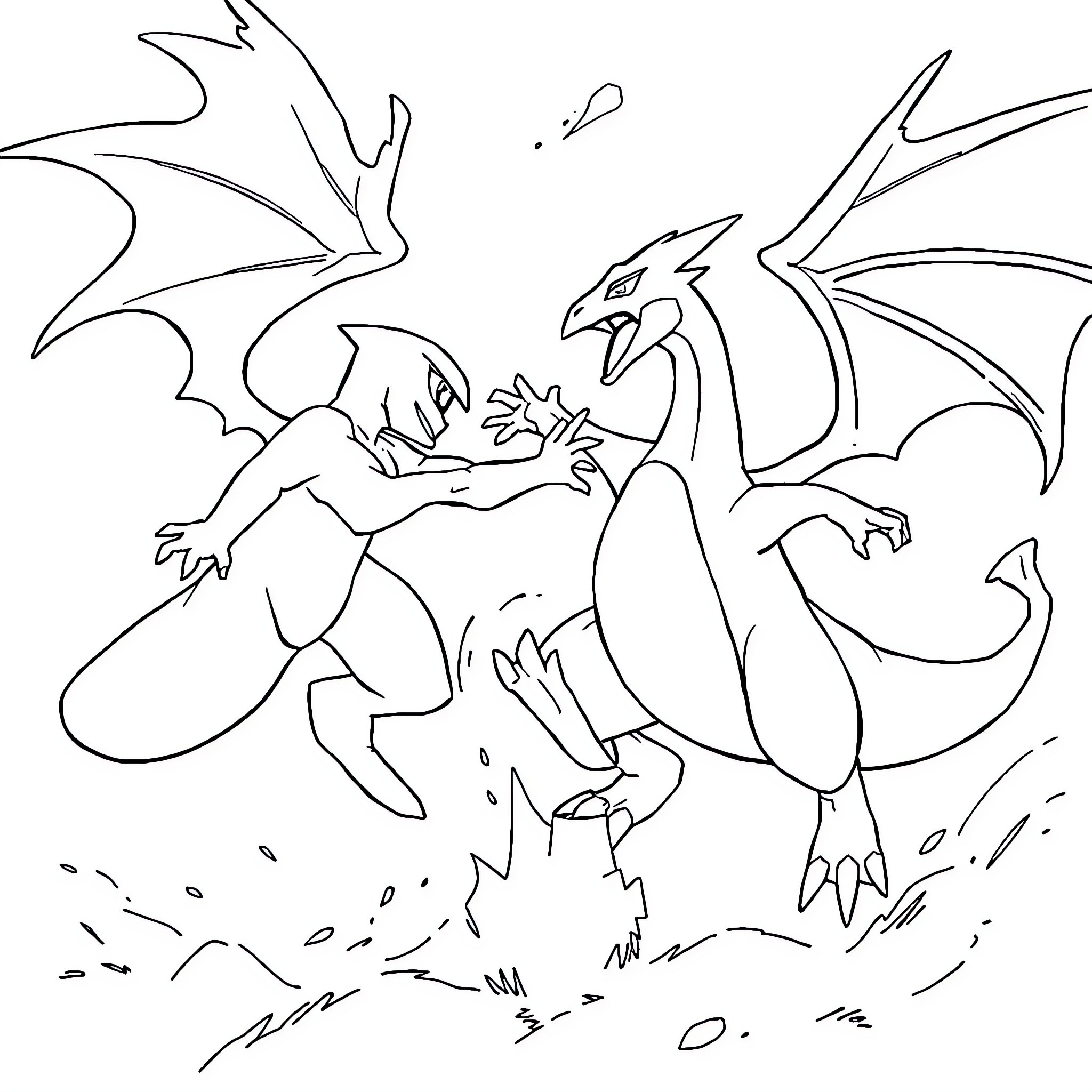 Mewtwo battling with a powerful dragon Coloring Page (free black-and-white line drawing printable PDF for all, from beginners to advanced learners, including children, teens, adults, and seniors)