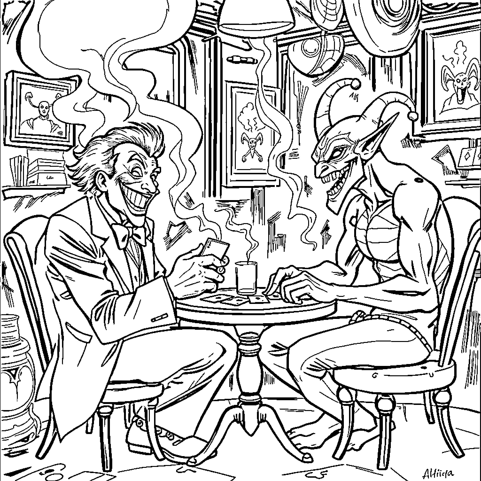Joker's Sinister Dealings with Demonic Creature Coloring Page (free black-and-white line drawing printable PDF for all, from beginners to advanced learners, including children, teens, adults, and seniors)