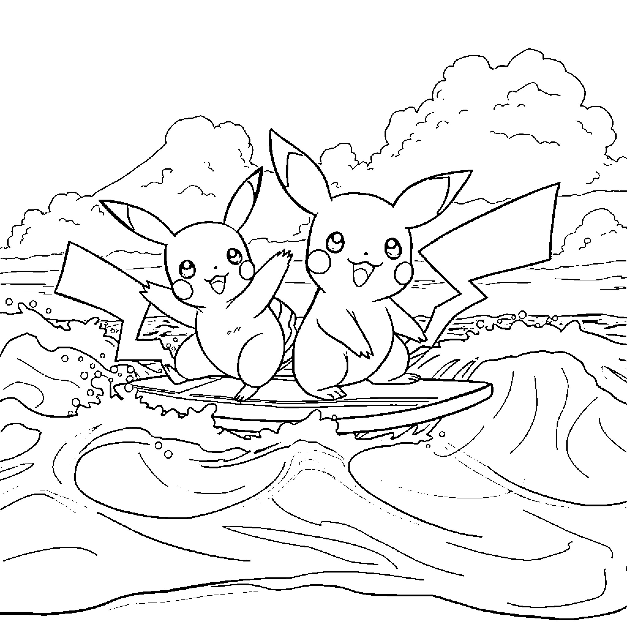 Pikachu enjoying a scenic adventure in the outdoors Coloring Page (free black-and-white line drawing printable PDF for all, from beginners to advanced learners, including children, teens, adults, and seniors)