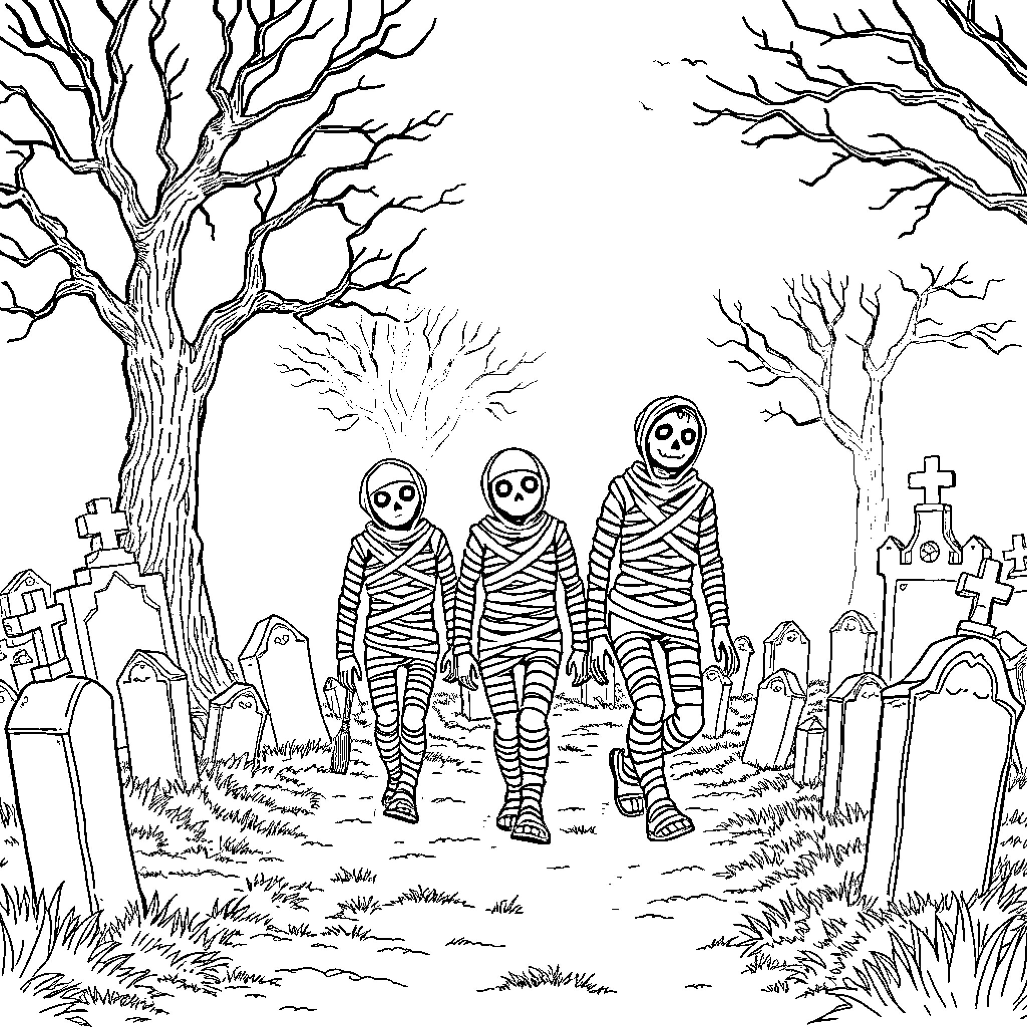Mummy Monsters Explore Eerie Graveyard Coloring Page (free black-and-white line drawing printable PDF for all, from beginners to advanced learners, including children, teens, adults, and seniors)