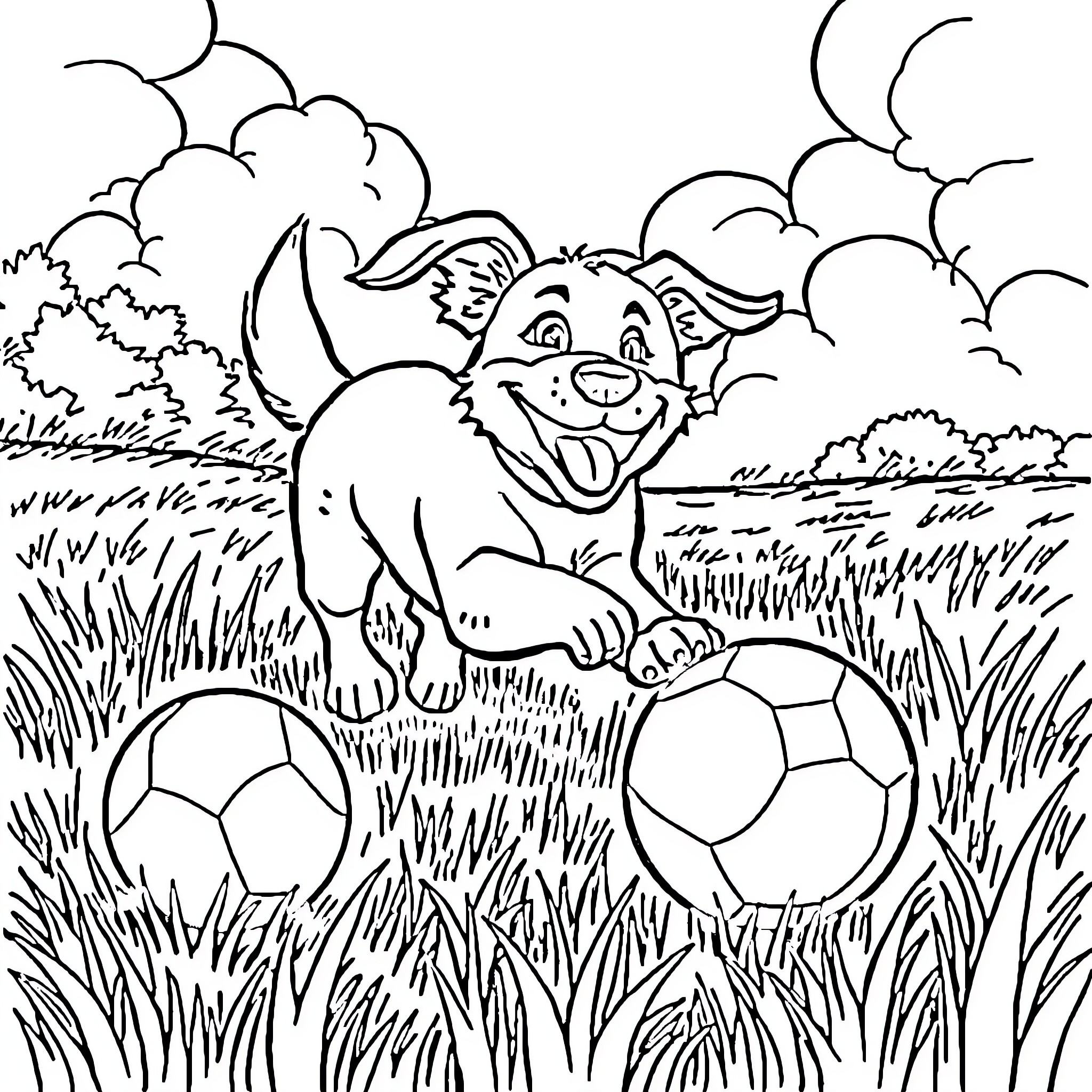 Dog enjoying outdoor play with soccer balls Coloring Page (free black-and-white line drawing printable PDF for all, from beginners to advanced learners, including children, teens, adults, and seniors)