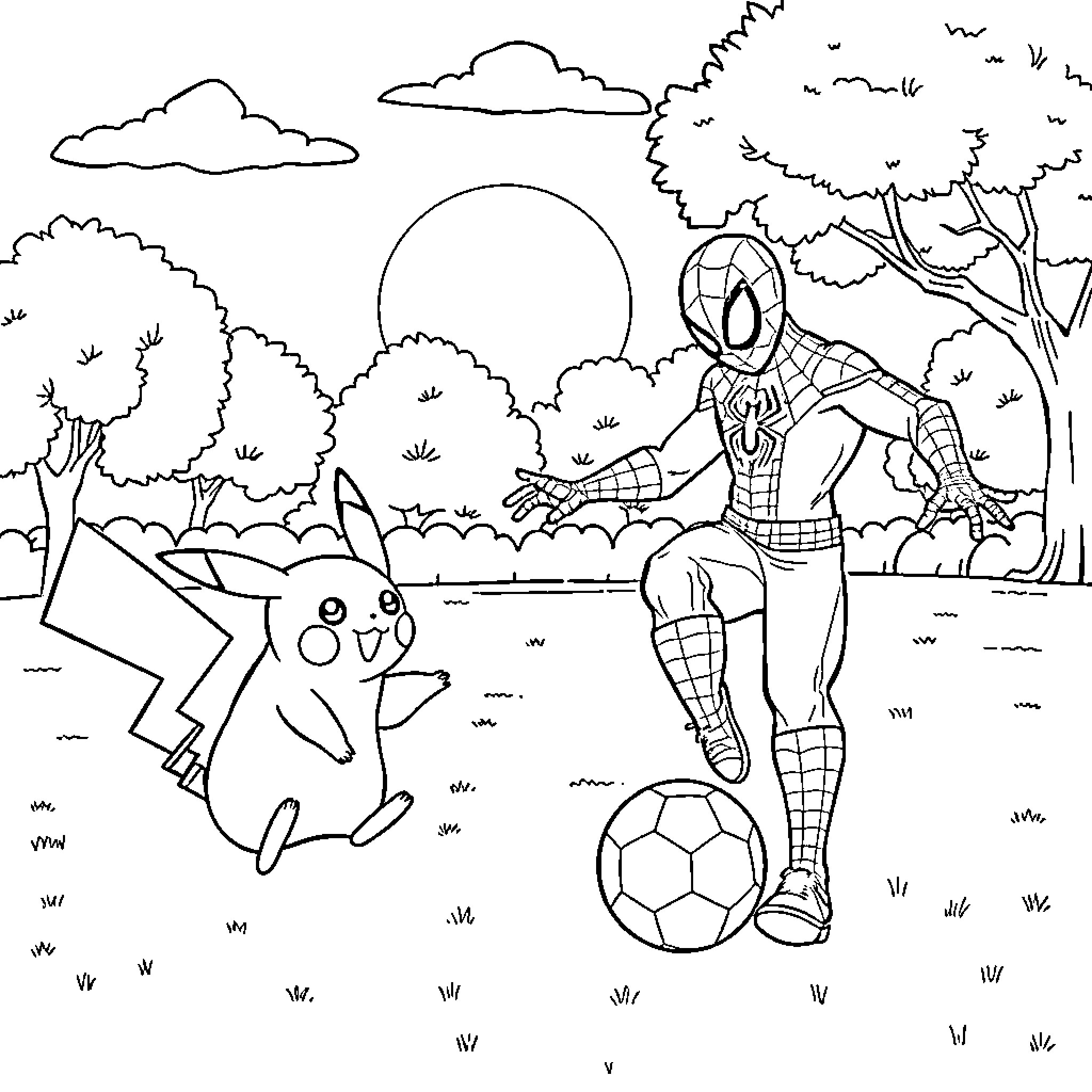 Spiderman playing soccer with Pikachu in the park Coloring Page (free black-and-white line drawing printable PDF for all, from beginners to advanced learners, including children, teens, adults, and seniors)