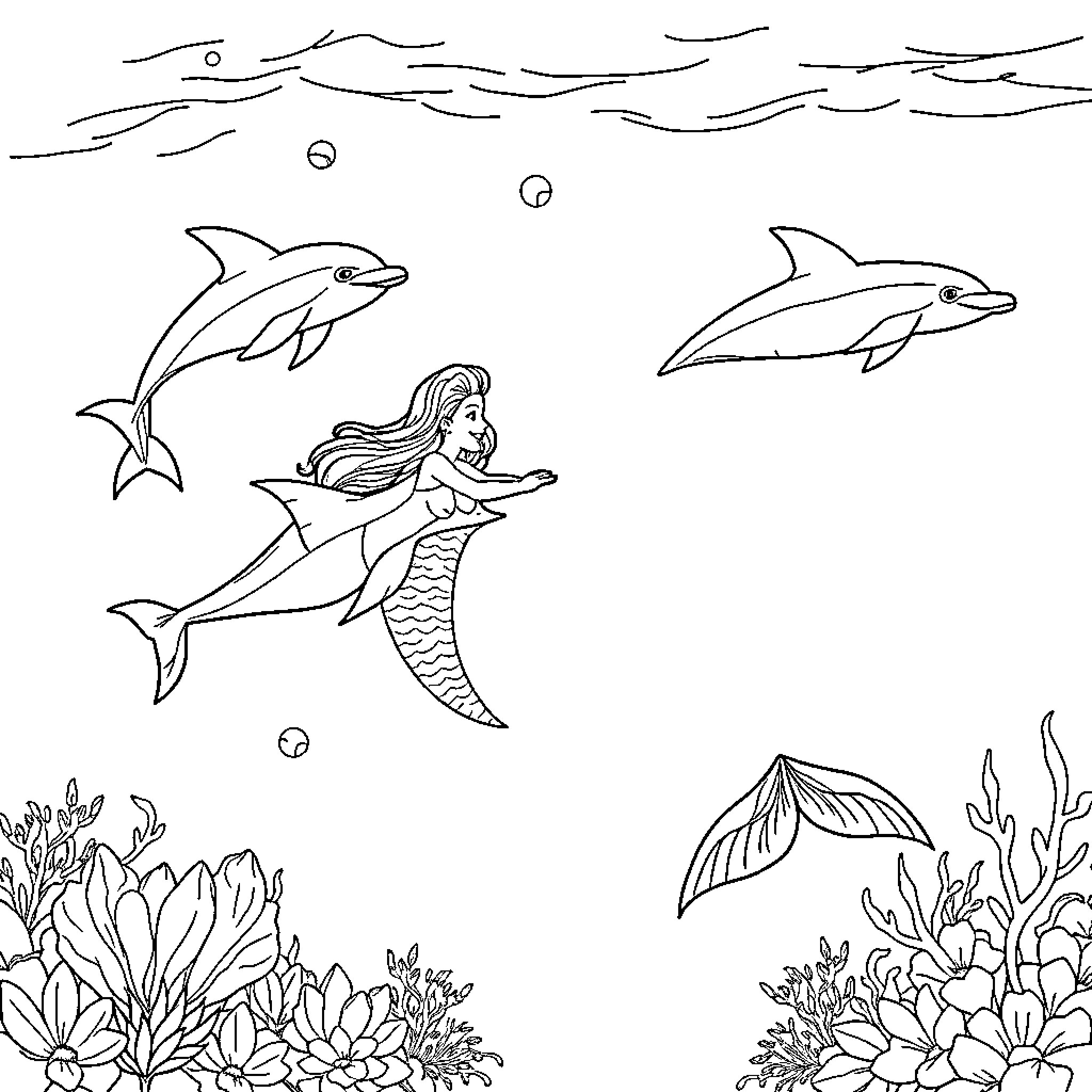Mermaid swimming with dolphins in the ocean Coloring Page (free black-and-white line drawing printable PDF for all, from beginners to advanced learners, including children, teens, adults, and seniors)