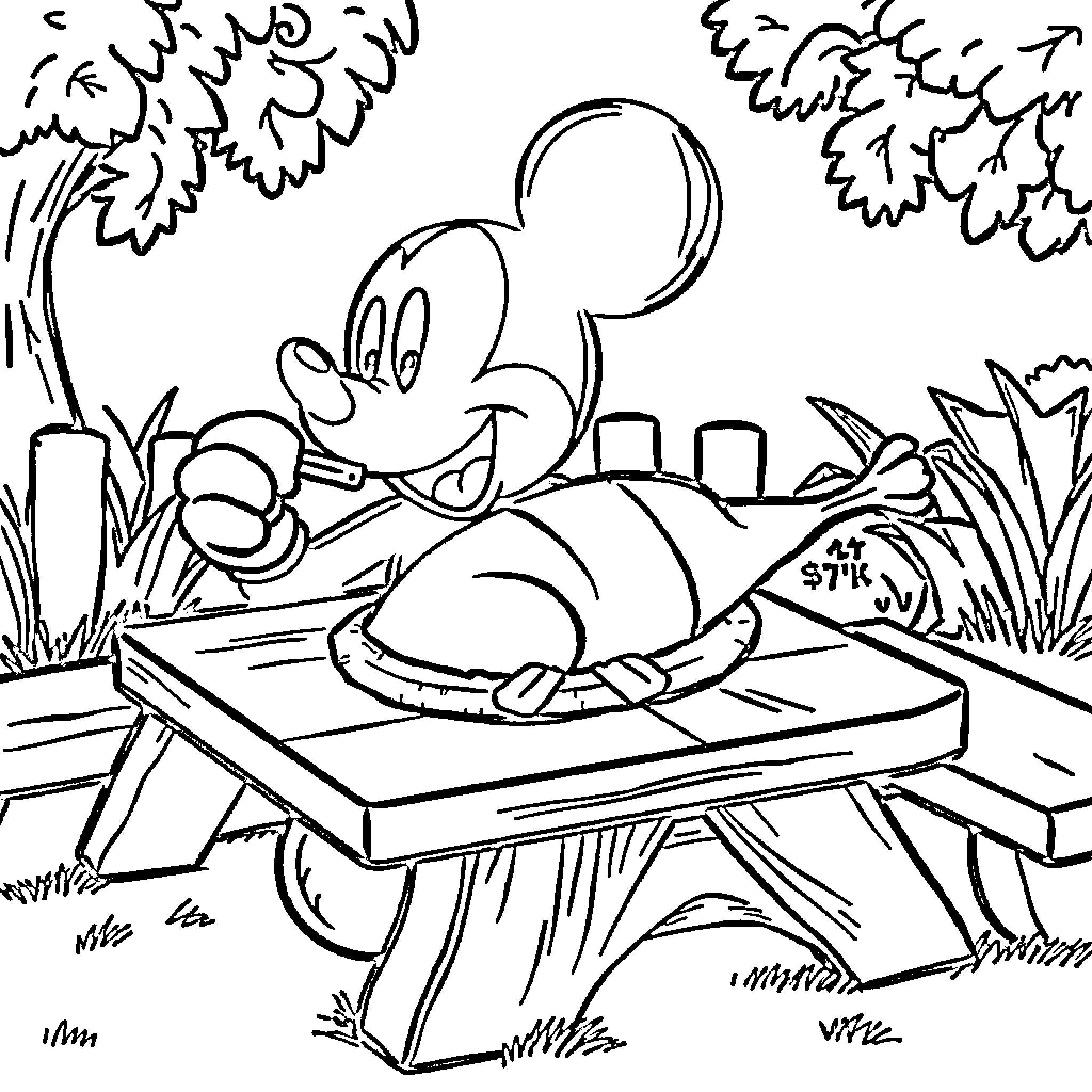 Mickey Mouse relaxing on a picnic table in the park Coloring Page (free black-and-white line drawing printable PDF for all, from beginners to advanced learners, including children, teens, adults, and seniors)