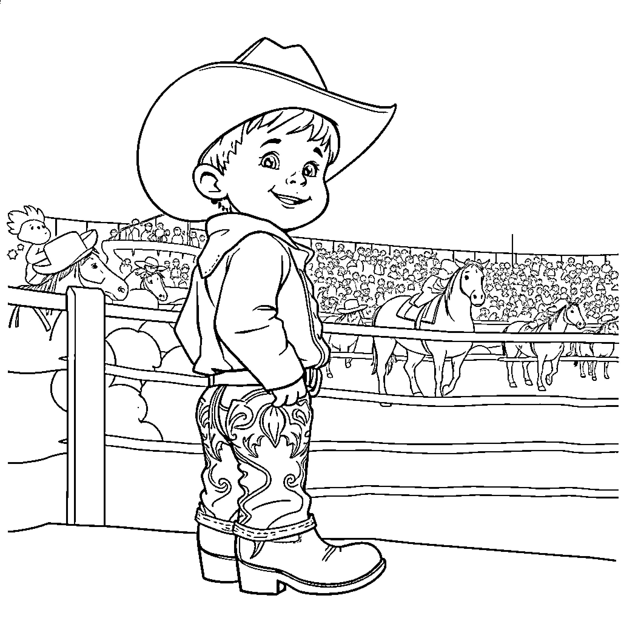 Boy in Cowboy Outfit at Rodeo Stadium Coloring Page (free black-and-white line drawing printable PDF for all, from beginners to advanced learners, including children, teens, adults, and seniors)