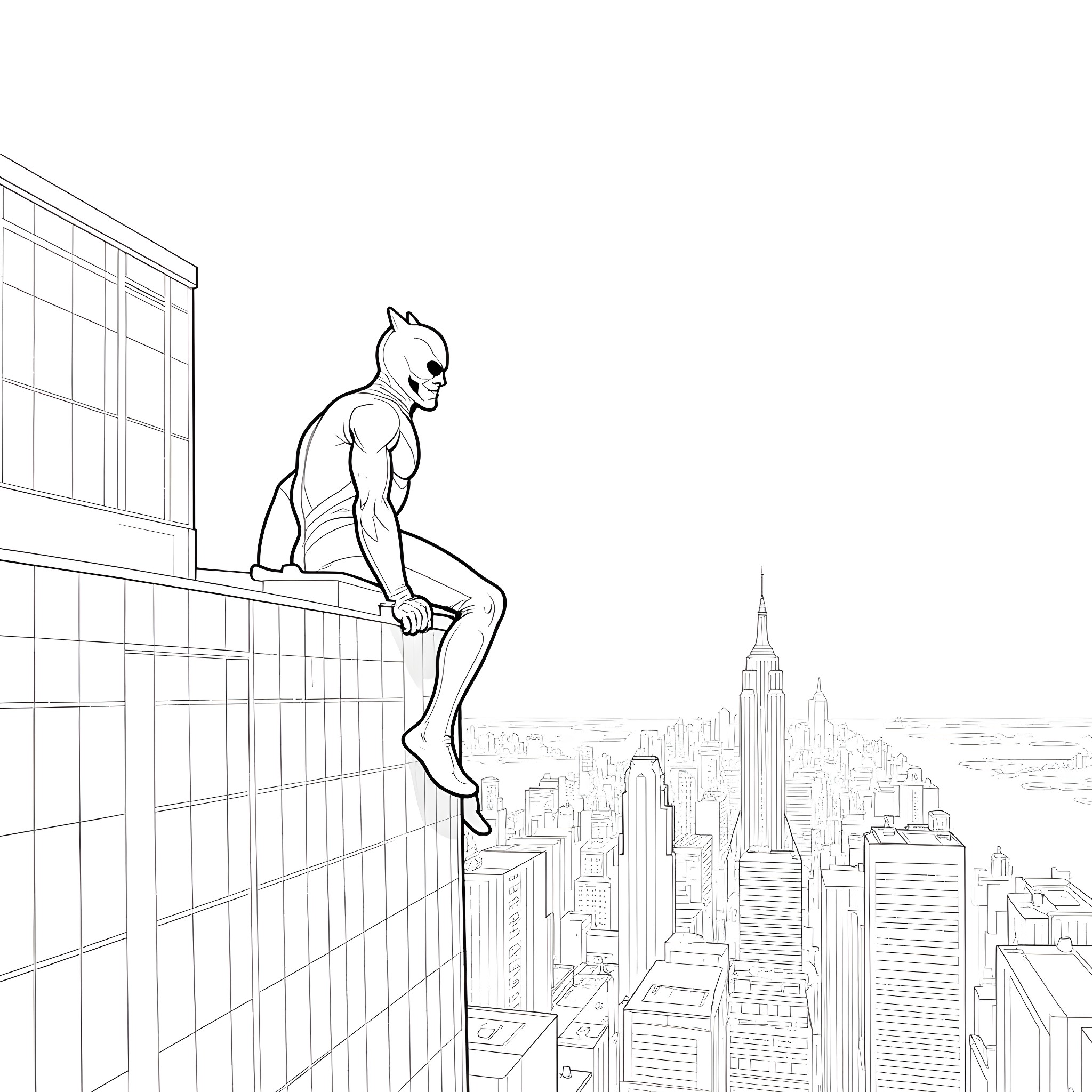Moon Knight overlooking the city skyline Coloring Page (free black-and-white line drawing printable PDF for all, from beginners to advanced learners, including children, teens, adults, and seniors)