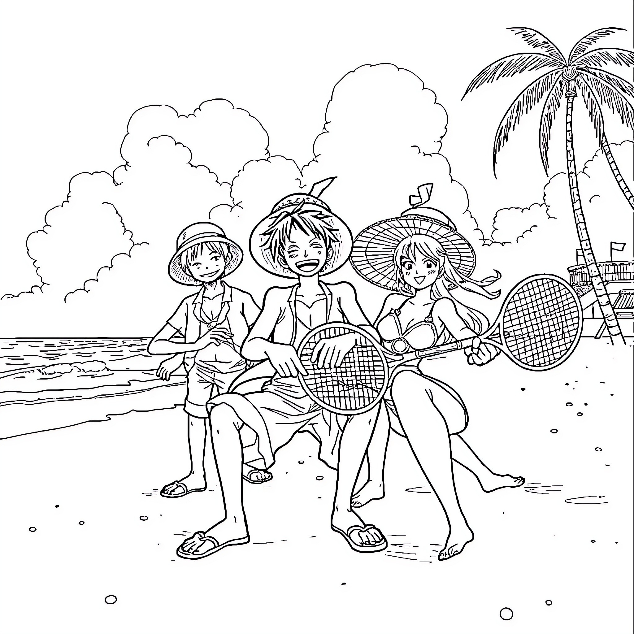Luffy and friends enjoying a day at the beach Coloring Page (free black-and-white line drawing printable PDF for all, from beginners to advanced learners, including children, teens, adults, and seniors)