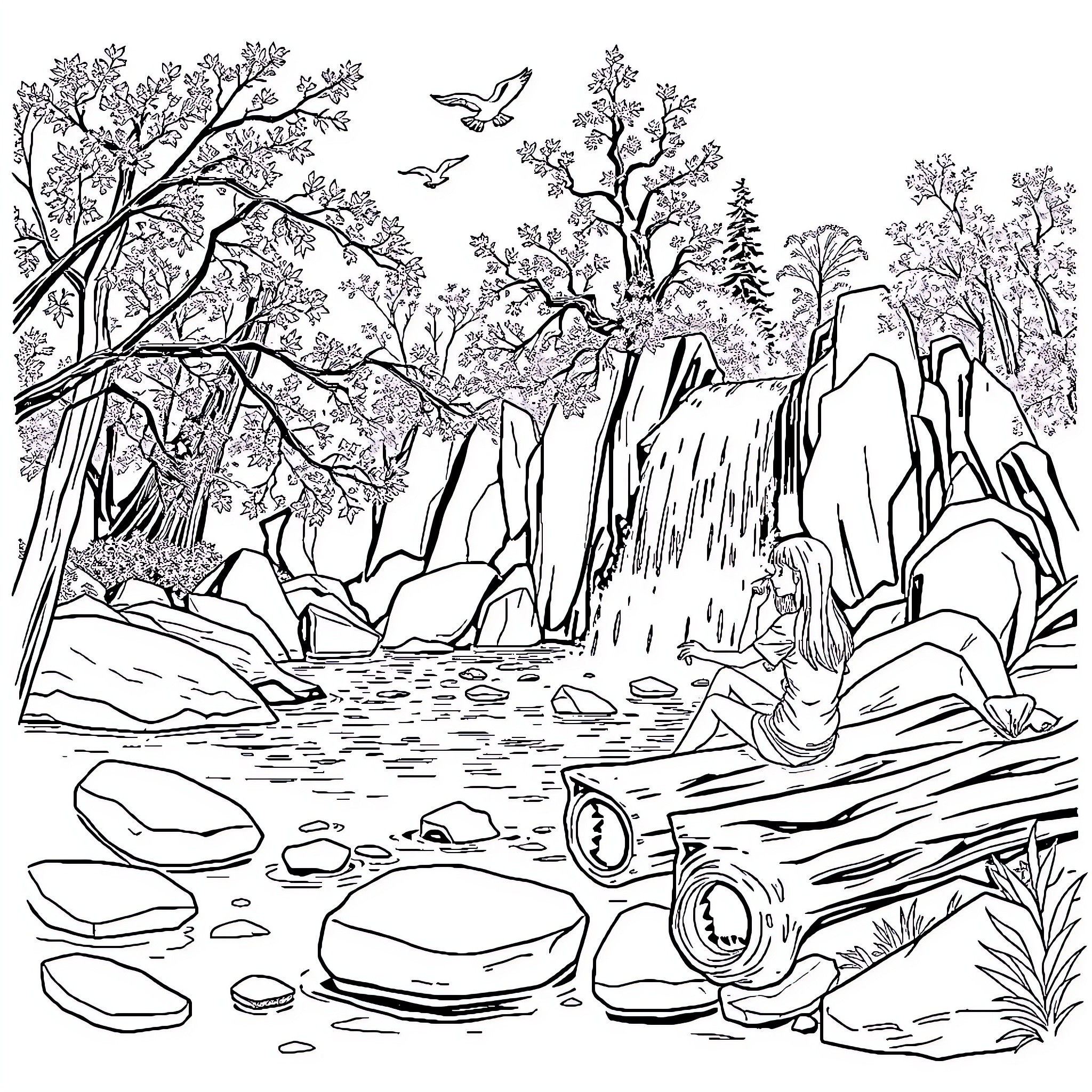 Waterfall scene with rocks, trees, and wildlife Coloring Page (free black-and-white line drawing printable PDF for all, from beginners to advanced learners, including children, teens, adults, and seniors)