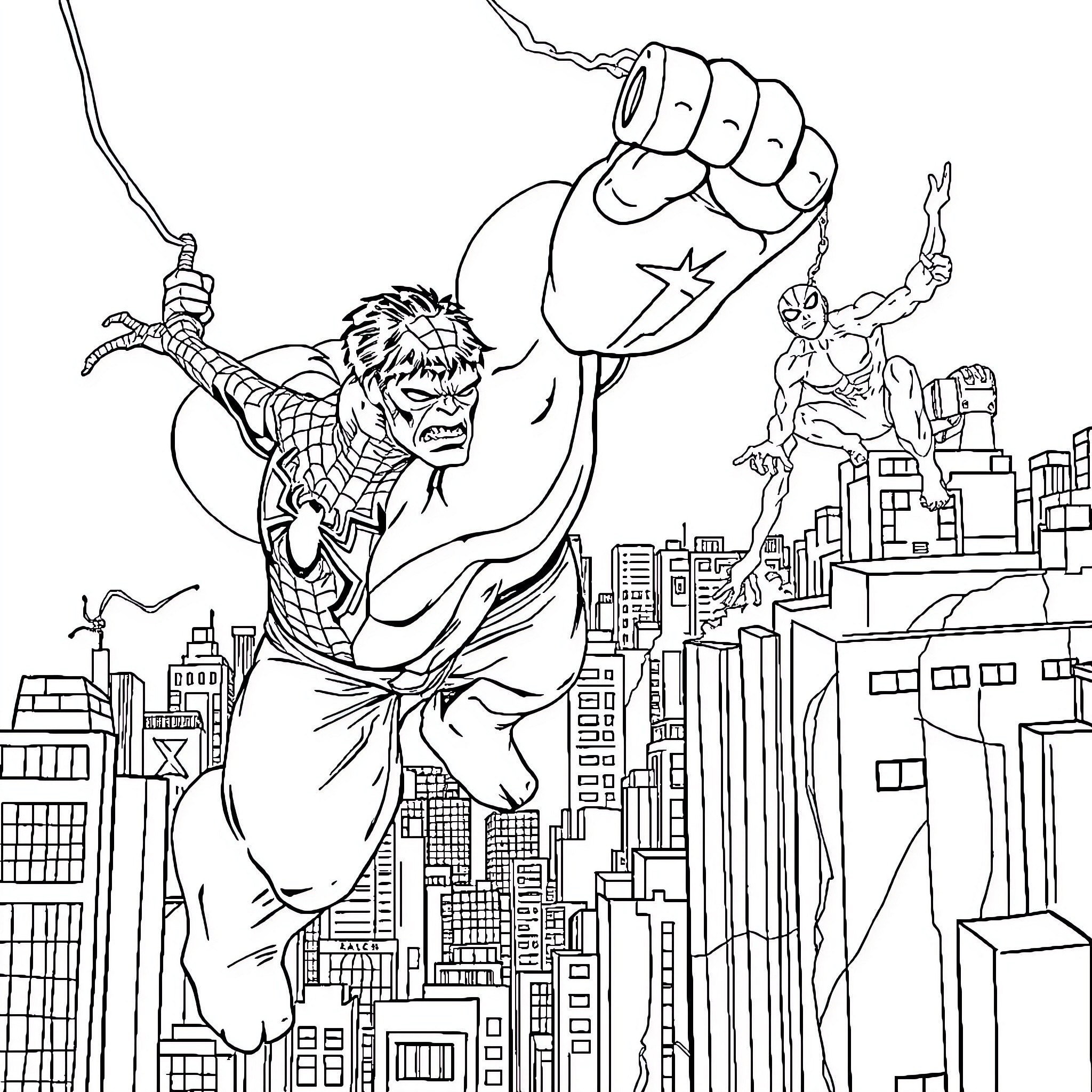 Spiderman battling a large fist in the city Coloring Page (free black-and-white line drawing printable PDF for all, from beginners to advanced learners, including children, teens, adults, and seniors)