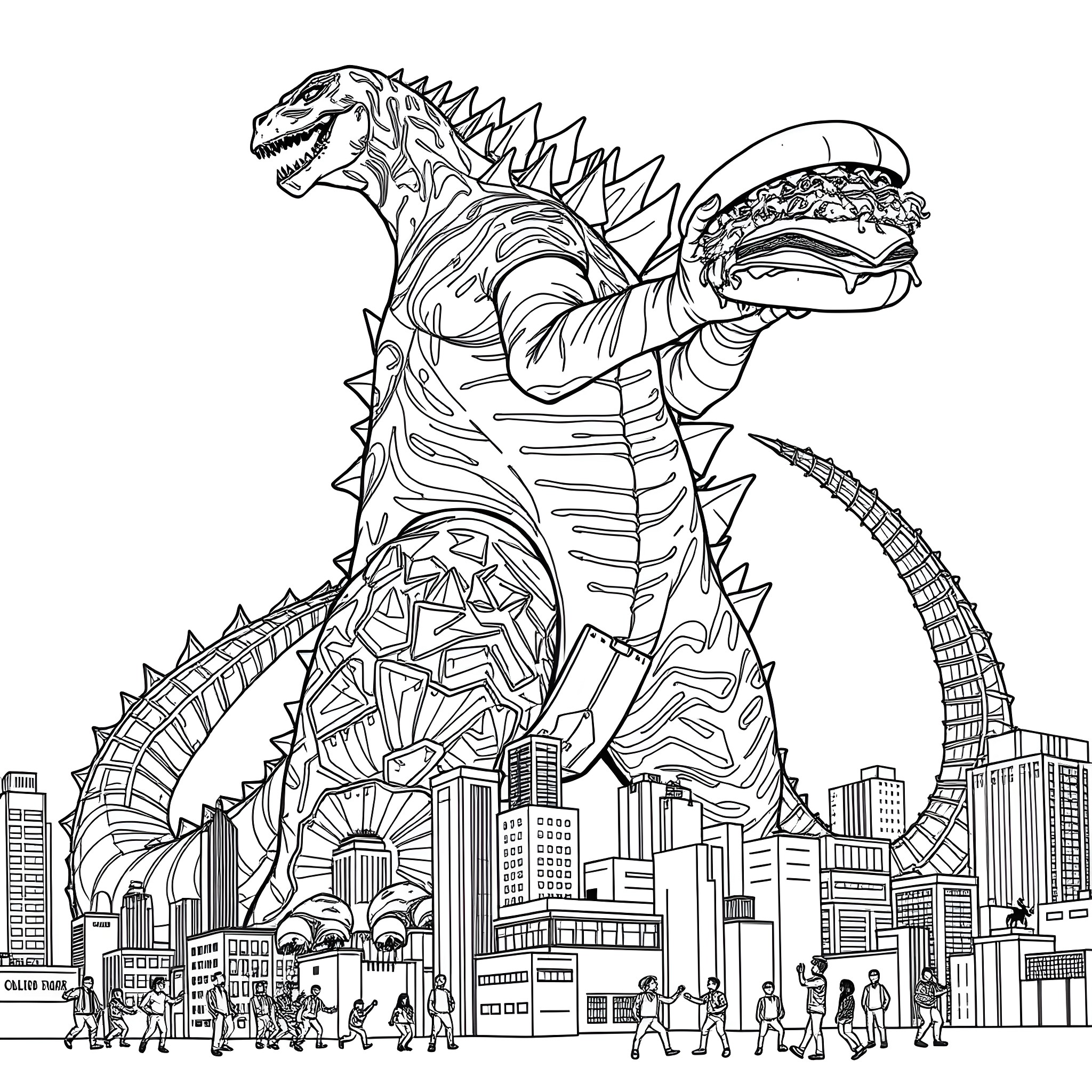Godzilla Destroys the City with Mighty Roar Coloring Page (free black-and-white line drawing printable PDF for all, from beginners to advanced learners, including children, teens, adults, and seniors)