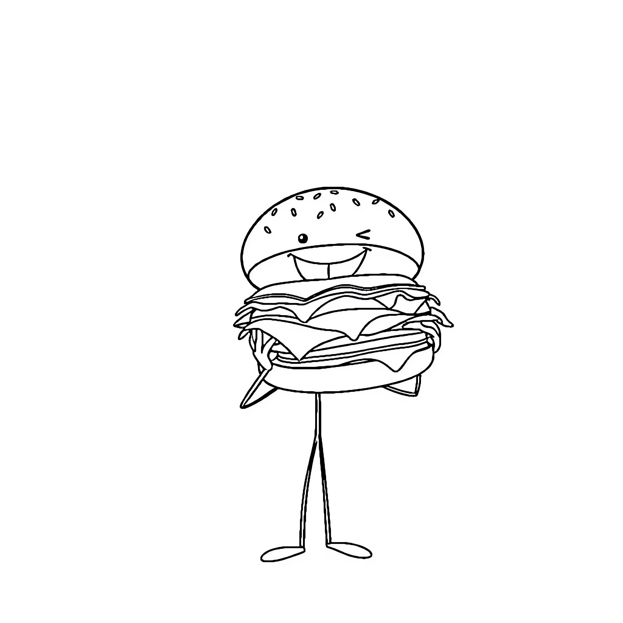 Stick Figure Enjoying a Tasty Burger Coloring Page (free black-and-white line drawing printable PDF for all, from beginners to advanced learners, including children, teens, adults, and seniors)