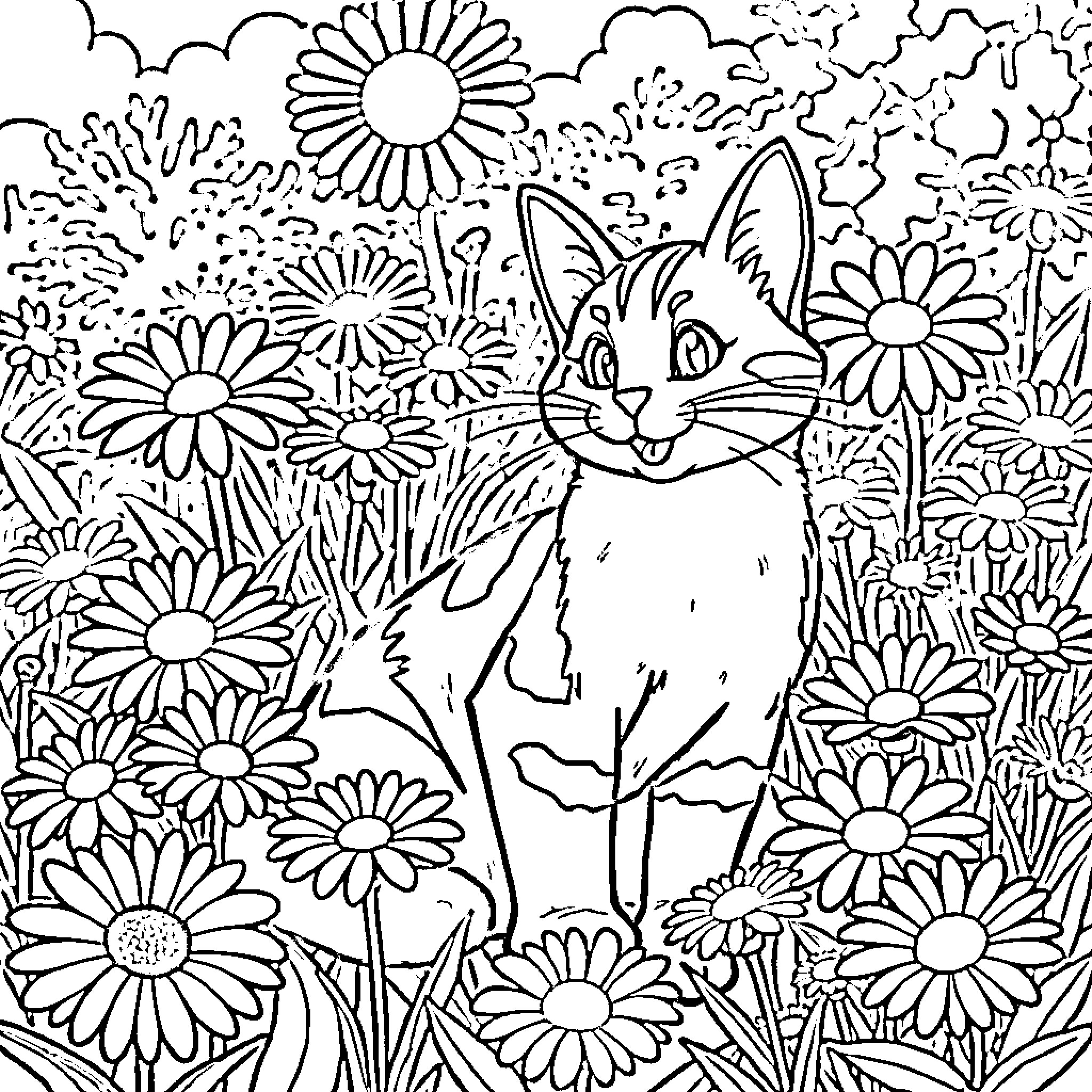 Sylvester's Floral Adventure Coloring Page (free black-and-white line drawing printable PDF for all, from beginners to advanced learners, including children, teens, adults, and seniors)