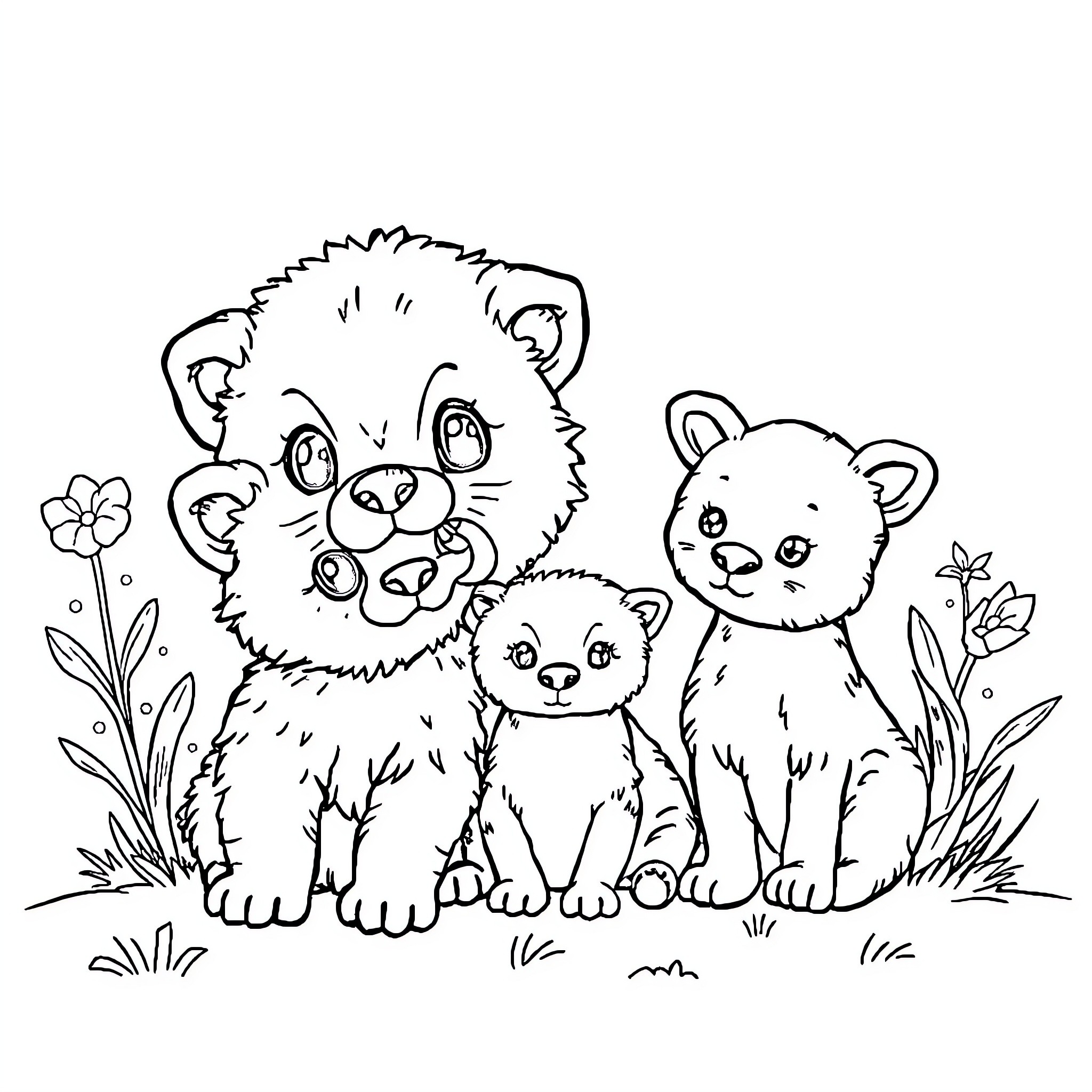 Animal family exploring the nature Coloring Page (free black-and-white line drawing printable PDF for all, from beginners to advanced learners, including children, teens, adults, and seniors)