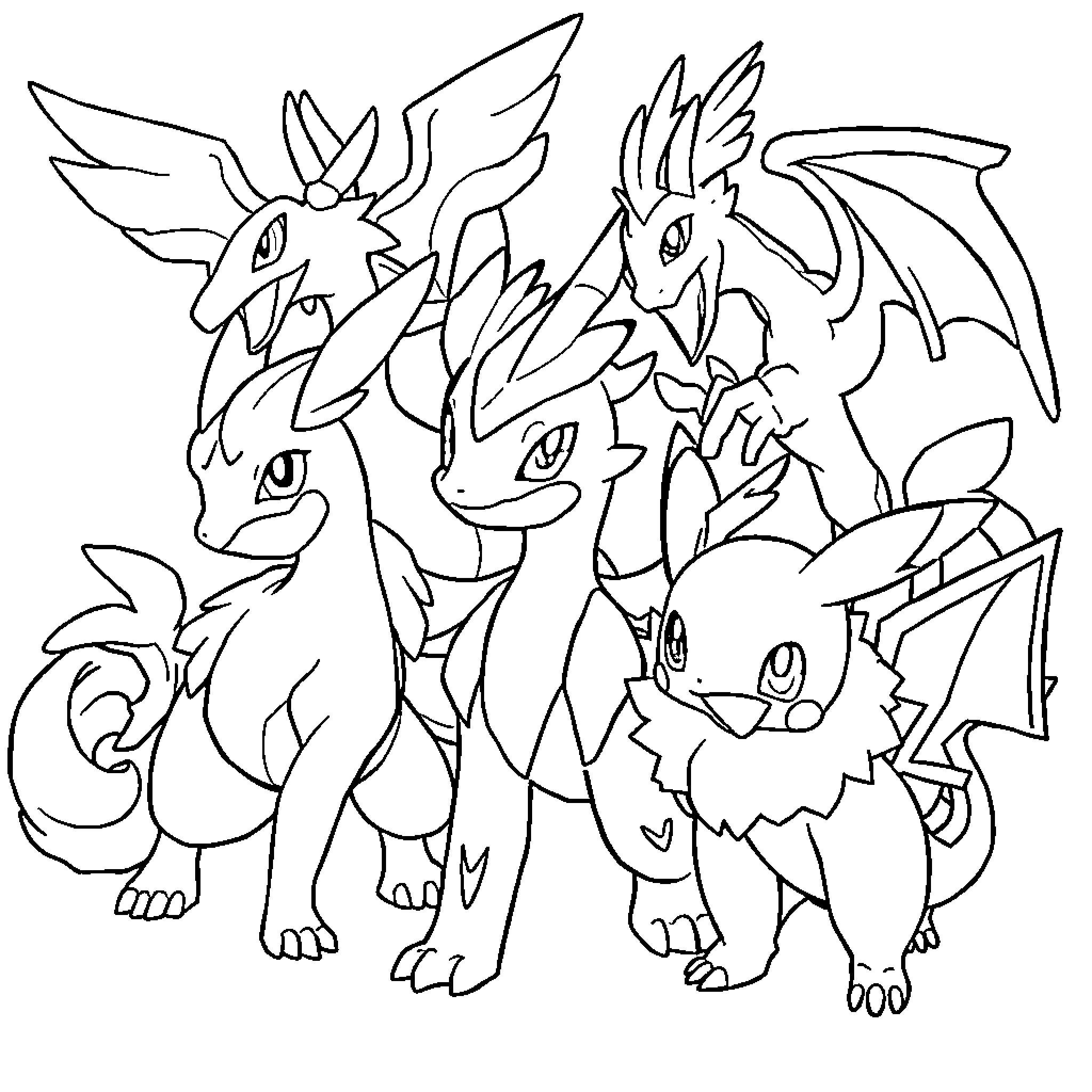 Pokémon characters in an engaging group pose Coloring Page (free black-and-white line drawing printable PDF for all, from beginners to advanced learners, including children, teens, adults, and seniors)