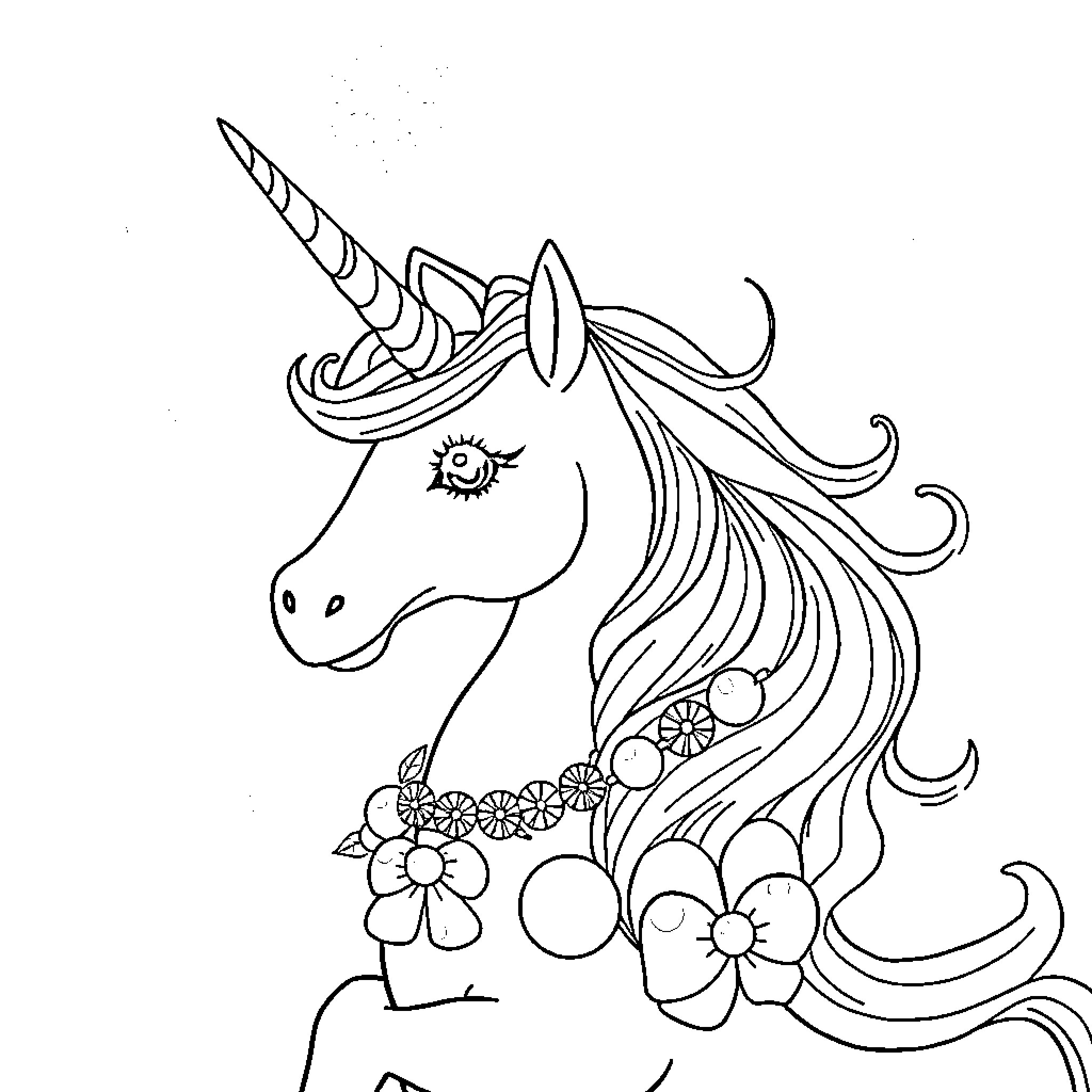Unicorn with Flowing Mane and Flowers Coloring Page (free black-and-white line drawing printable PDF for all, from beginners to advanced learners, including children, teens, adults, and seniors)