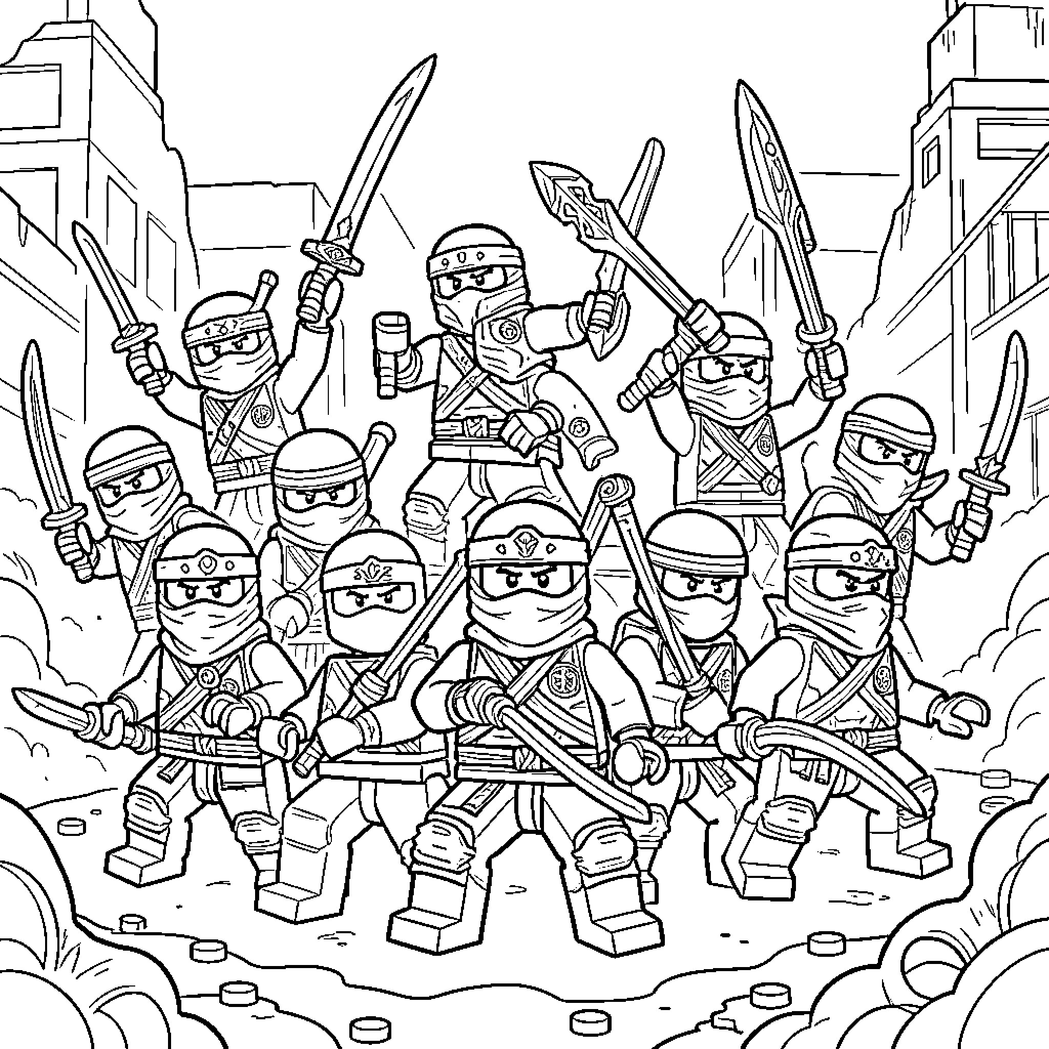 Lego Ninjago warriors wielding swords in a battle scene Coloring Page (free black-and-white line drawing printable PDF for all, from beginners to advanced learners, including children, teens, adults, and seniors)