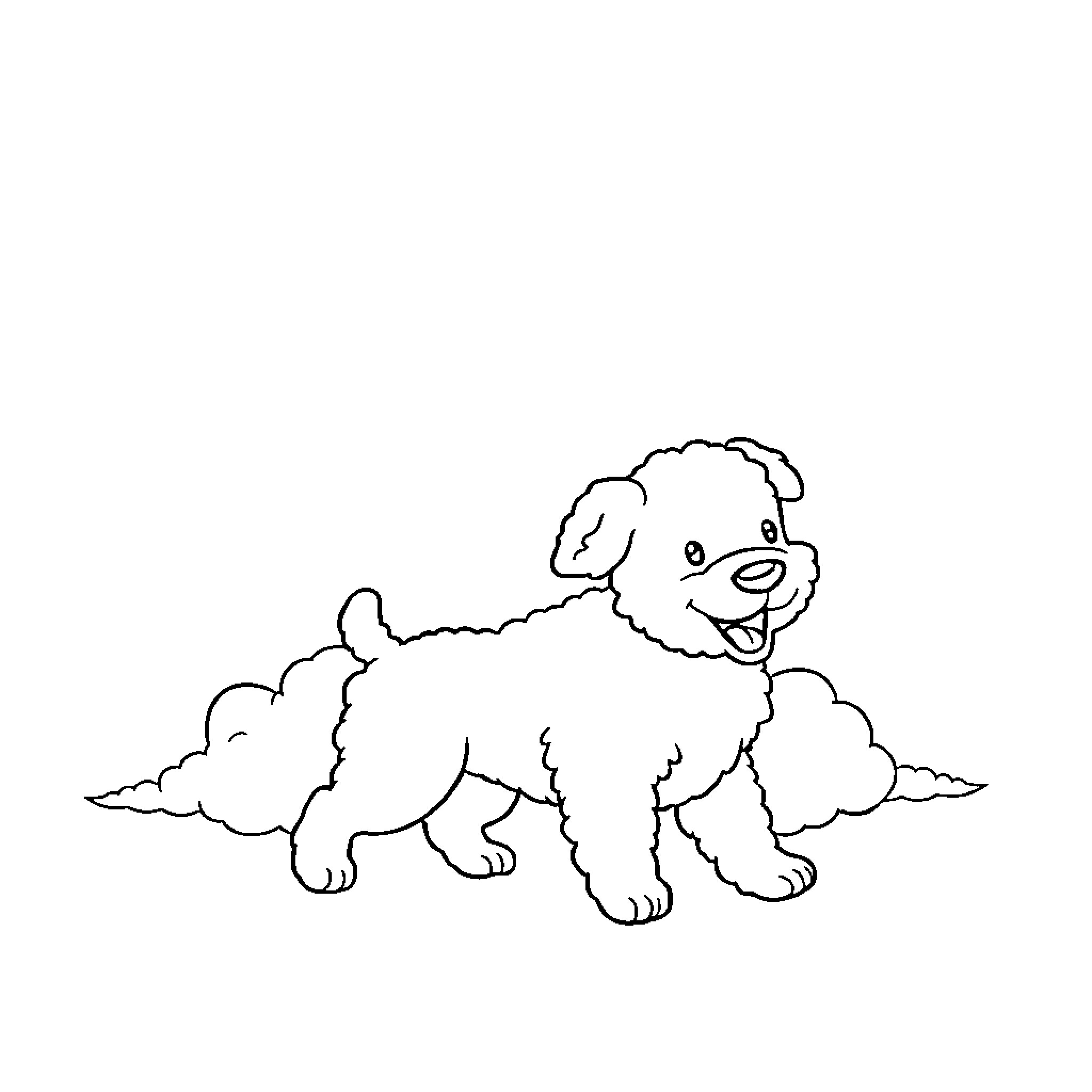 Dog playing in fluffy clouds Coloring Page (free black-and-white line drawing printable PDF for all, from beginners to advanced learners, including children, teens, adults, and seniors)