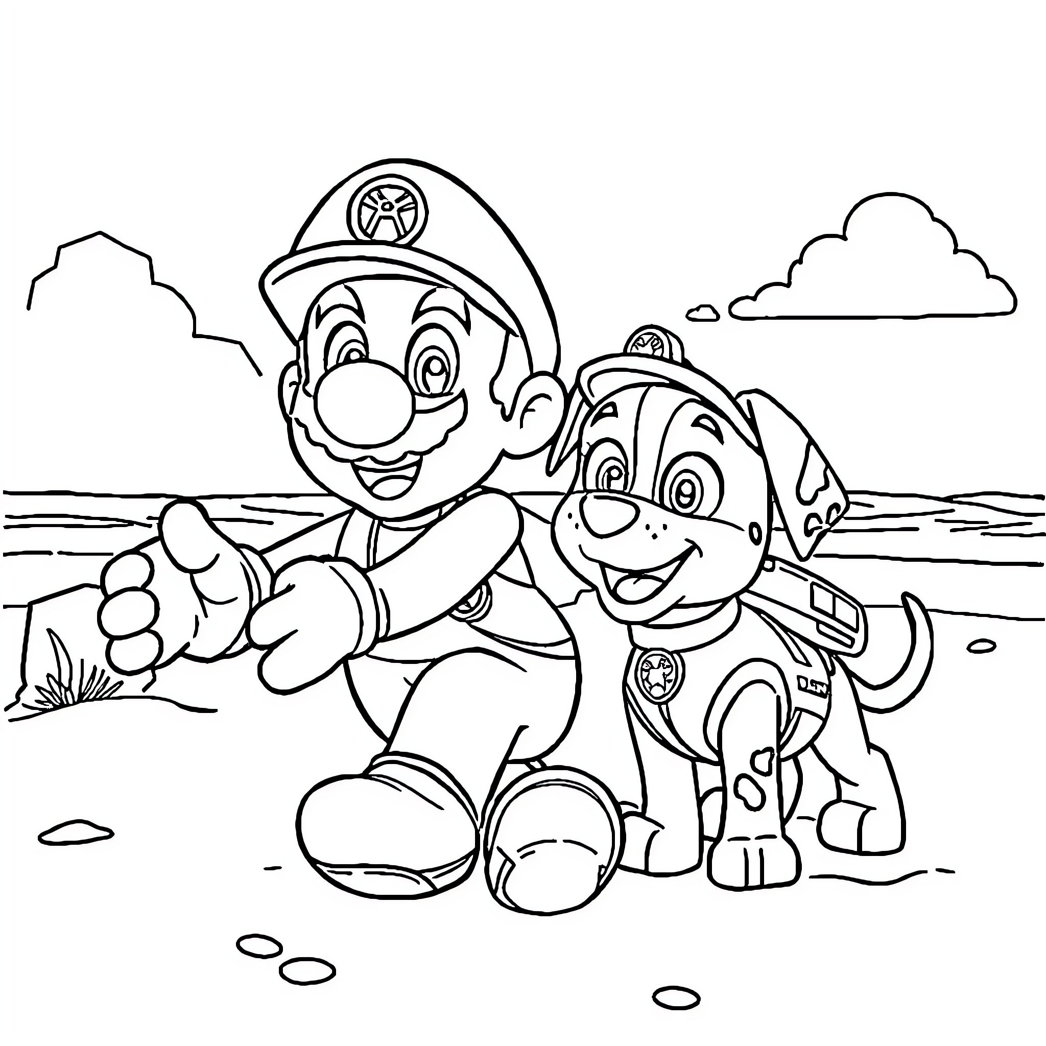 Mario and Paw Patrol Puppy Exploring the Outdoors Coloring Page (free black-and-white line drawing printable PDF for all, from beginners to advanced learners, including children, teens, adults, and seniors)