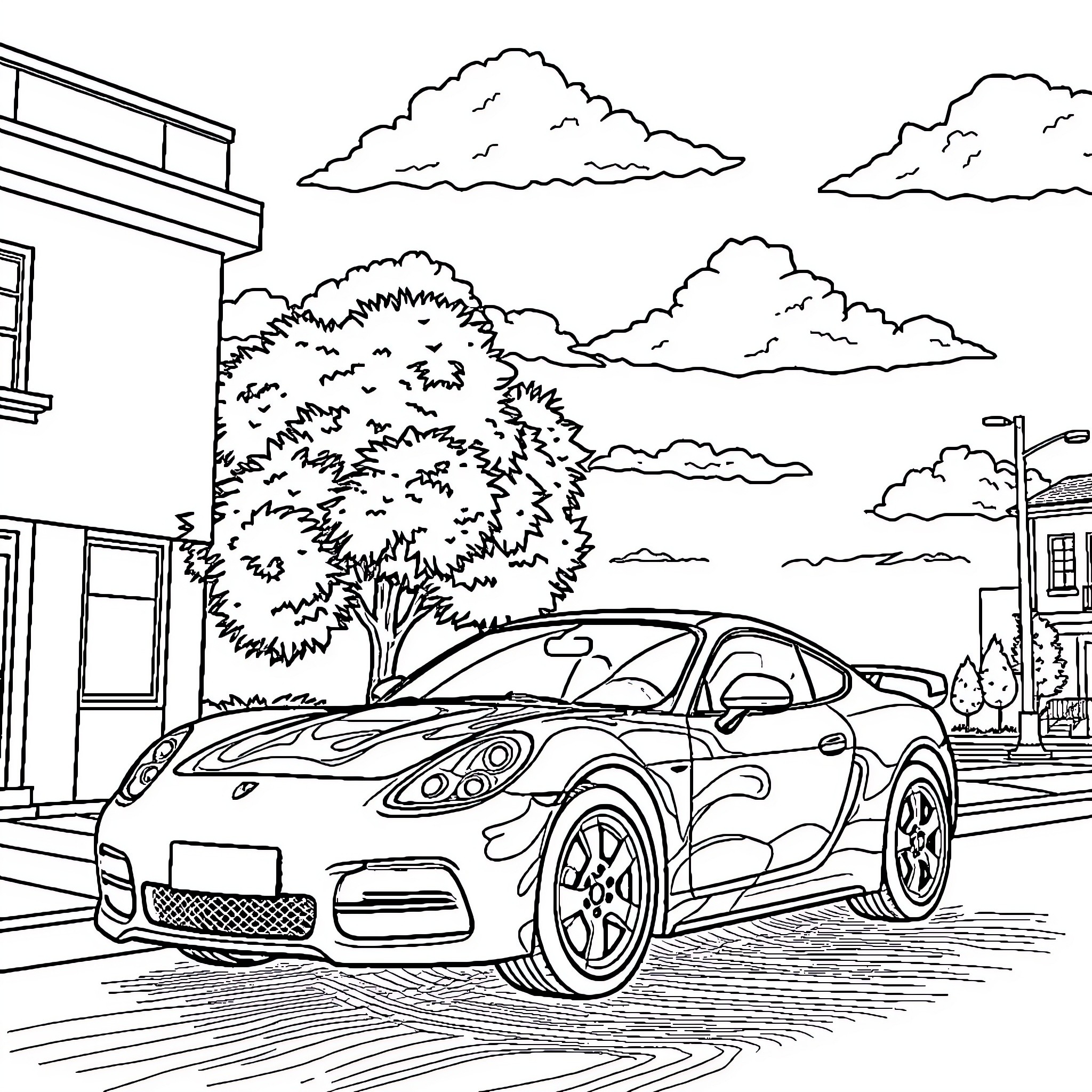 Car parked in front of urban street scene Coloring Page (free black-and-white line drawing printable PDF for all, from beginners to advanced learners, including children, teens, adults, and seniors)