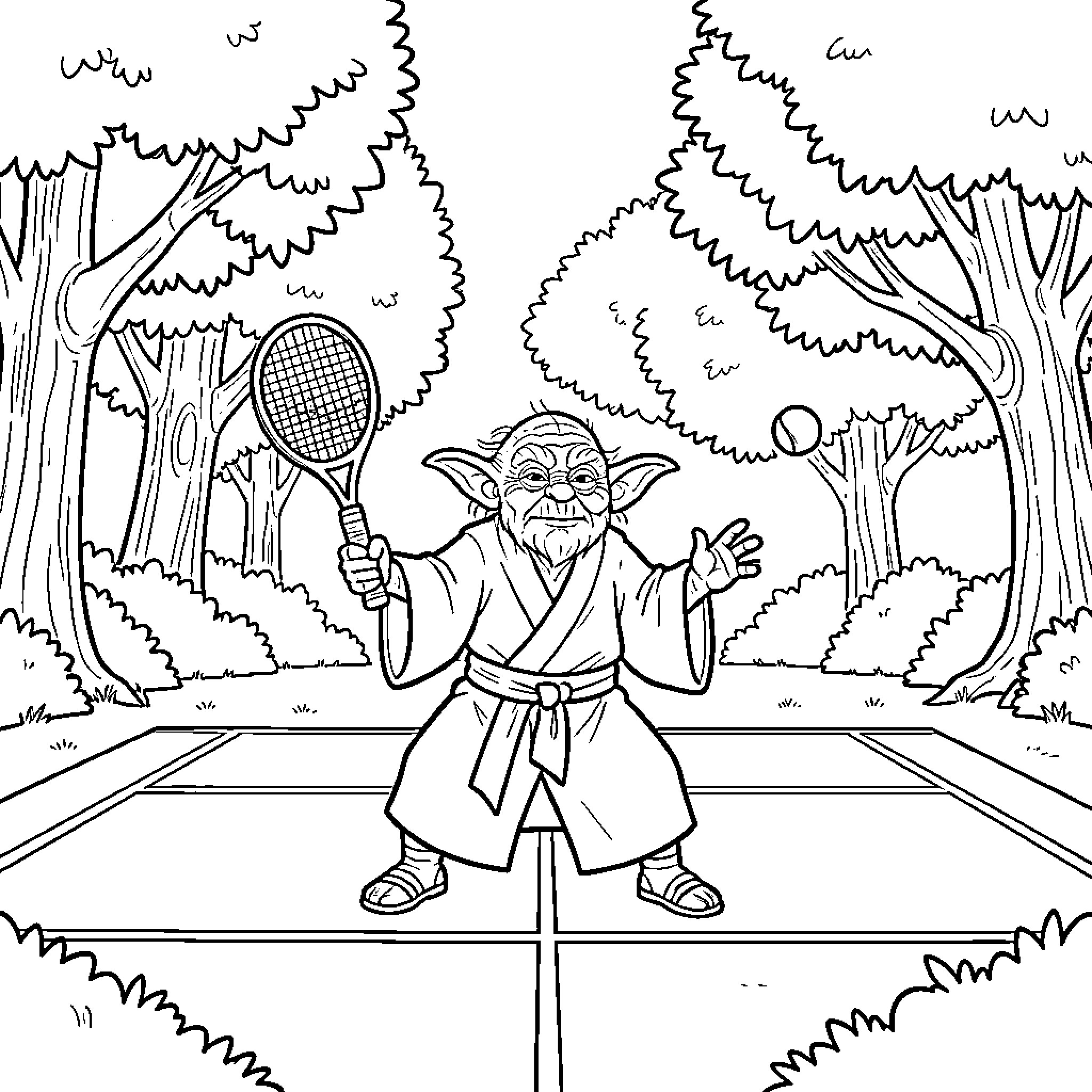 Yoda playing tennis on a court in the woods Coloring Page (free black-and-white line drawing printable PDF for all, from beginners to advanced learners, including children, teens, adults, and seniors)