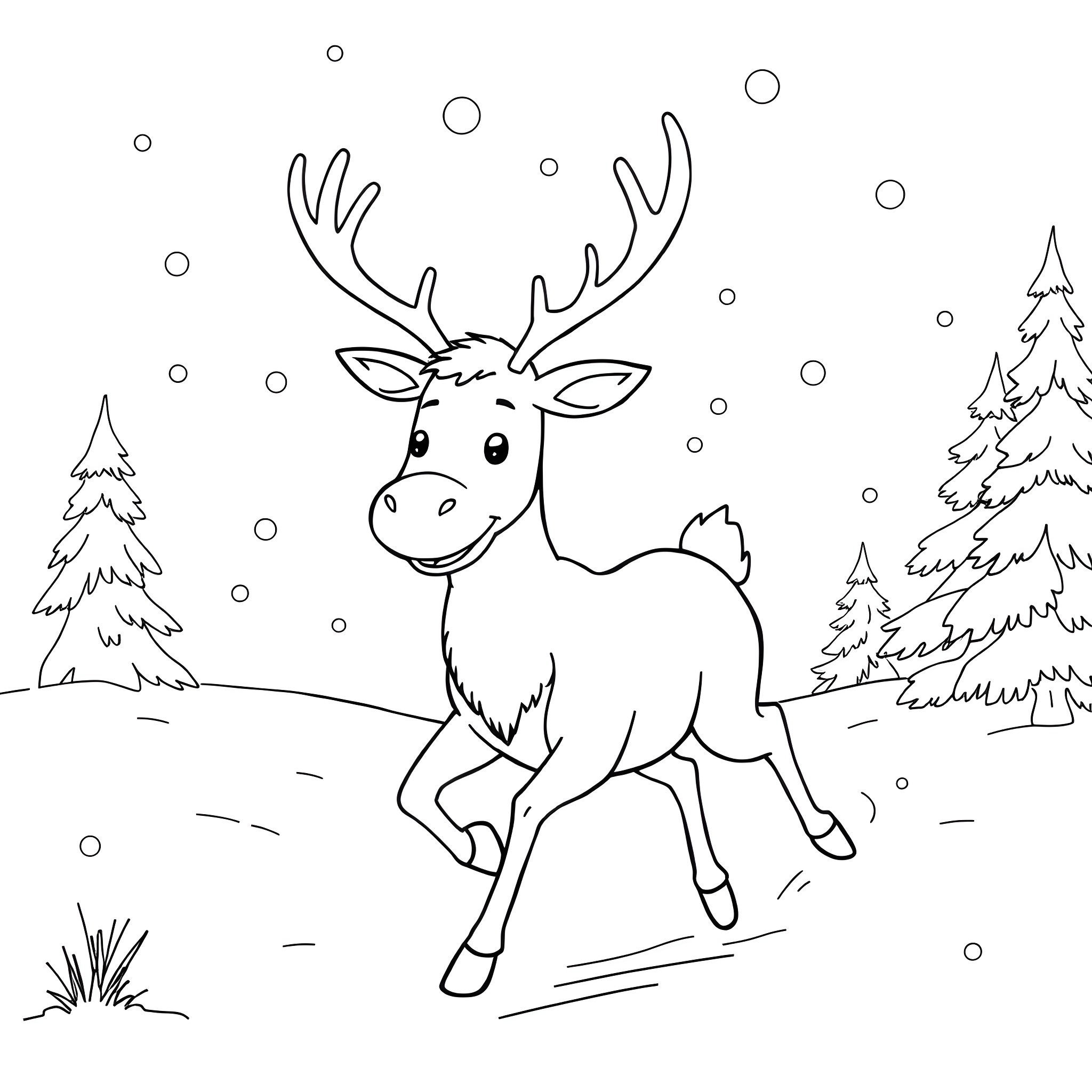 Reindeer playing in the snowy forest Coloring Page (free black-and-white line drawing printable PDF for all, from beginners to advanced learners, including children, teens, adults, and seniors)