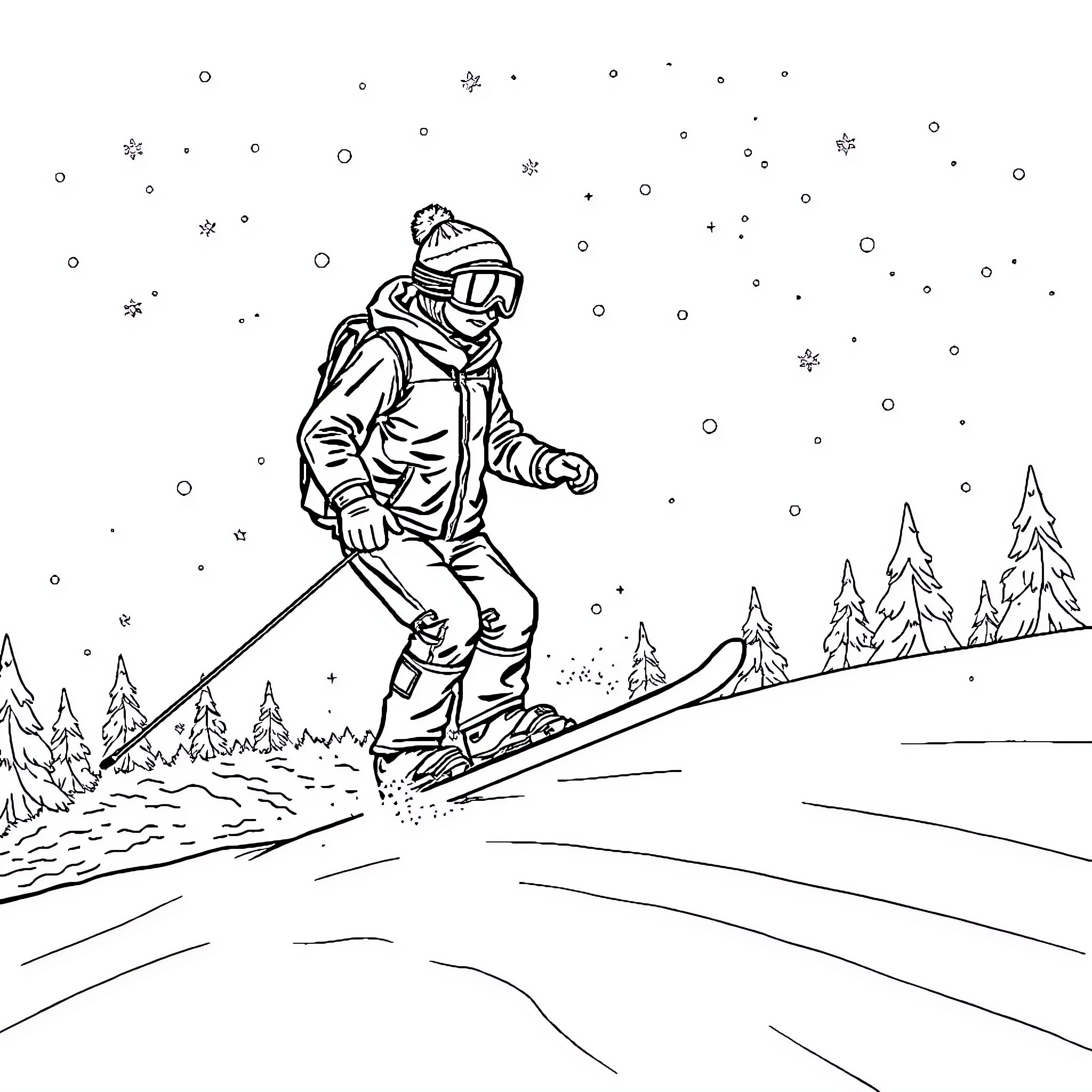 Vaïna skiing through the snowy landscape Coloring Page (free black-and-white line drawing printable PDF for all, from beginners to advanced learners, including children, teens, adults, and seniors)