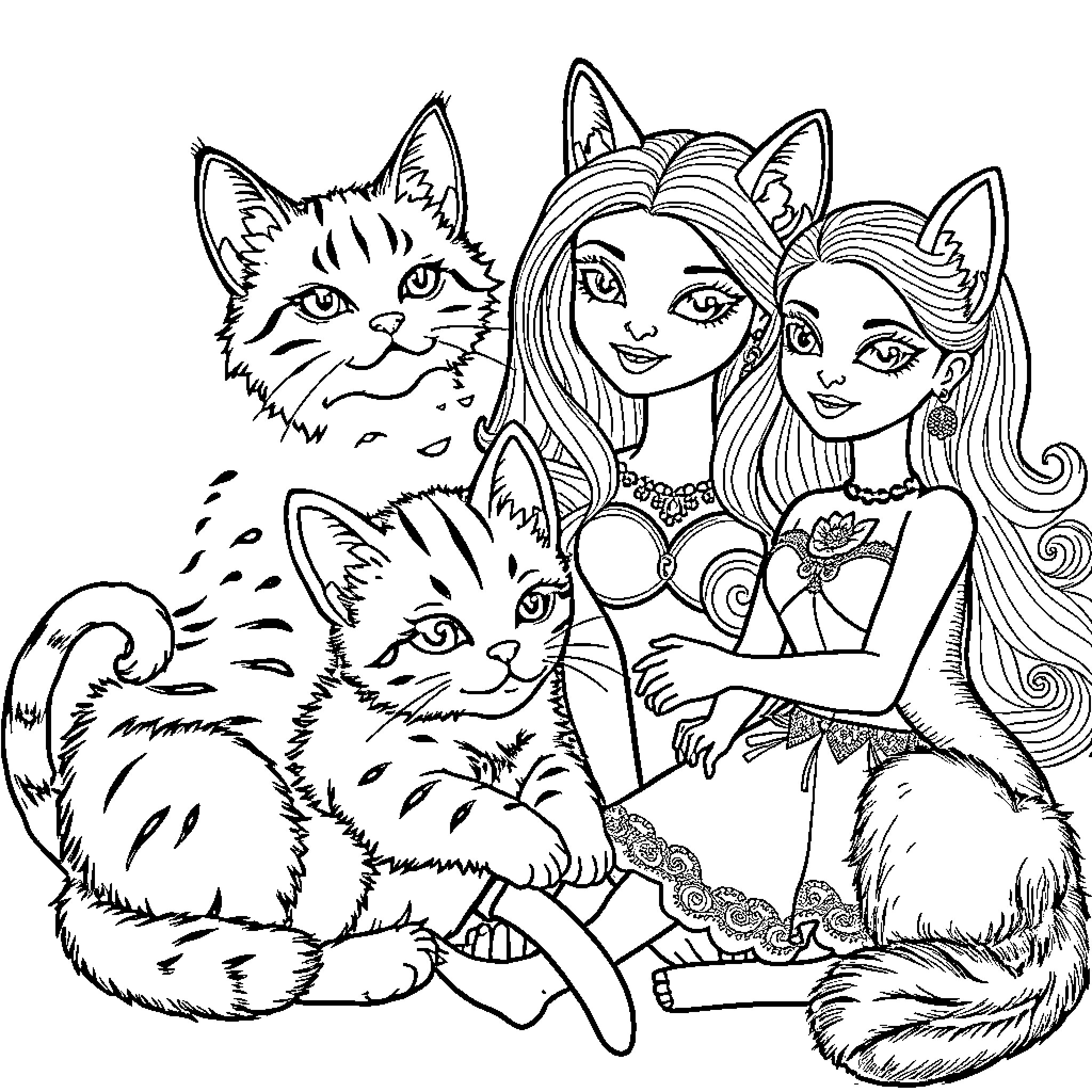 Cats and Magical Girl Characters in Costume Coloring Page (free black-and-white line drawing printable PDF for all, from beginners to advanced learners, including children, teens, adults, and seniors)