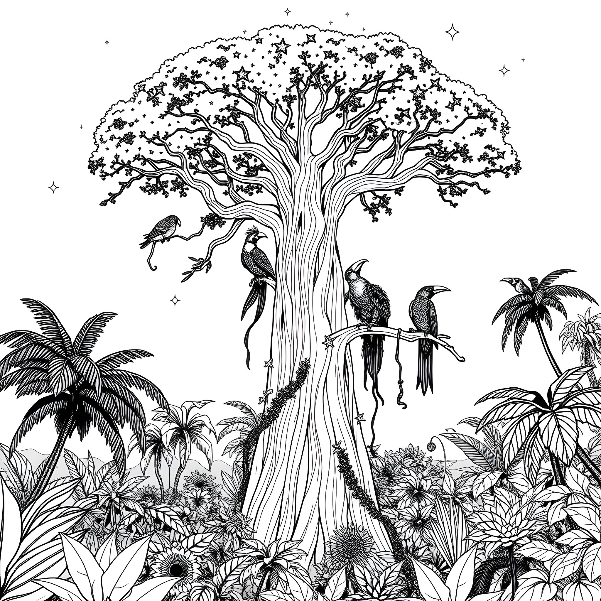 Tree of Life in Tropical Landscape Coloring Page (free black-and-white line drawing printable PDF for all, from beginners to advanced learners, including children, teens, adults, and seniors)
