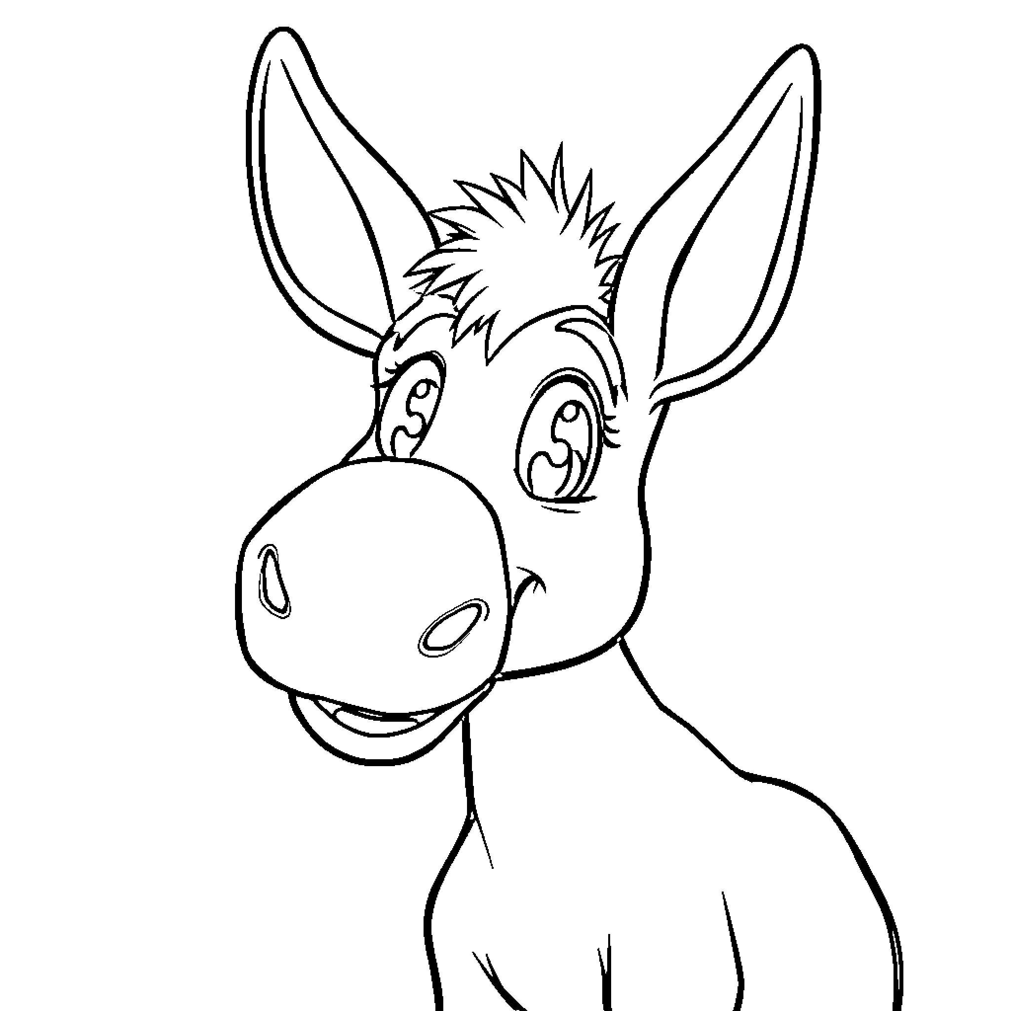 Ass with big ears and happy expression Coloring Page (free black-and-white line drawing printable PDF for all, from beginners to advanced learners, including children, teens, adults, and seniors)