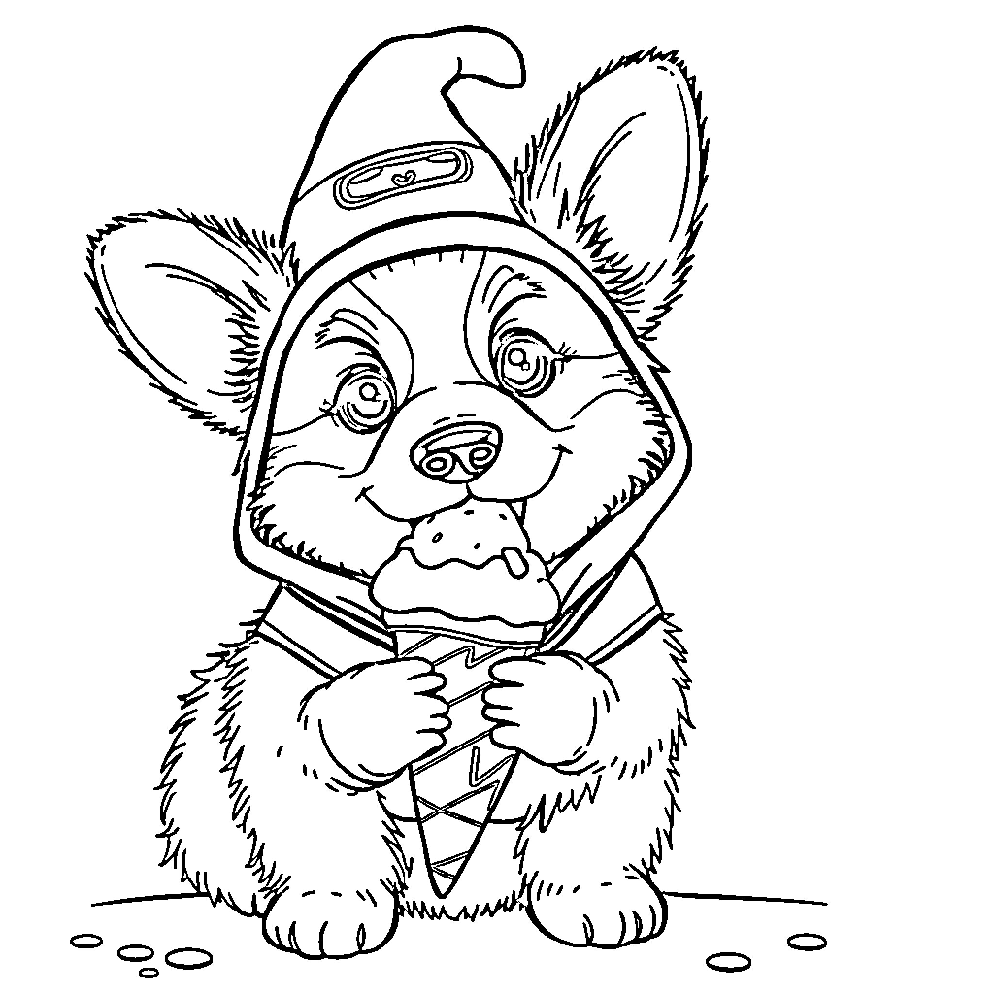 Corgi wearing a hat and holding a cupcake Coloring Page (free black-and-white line drawing printable PDF for all, from beginners to advanced learners, including children, teens, adults, and seniors)