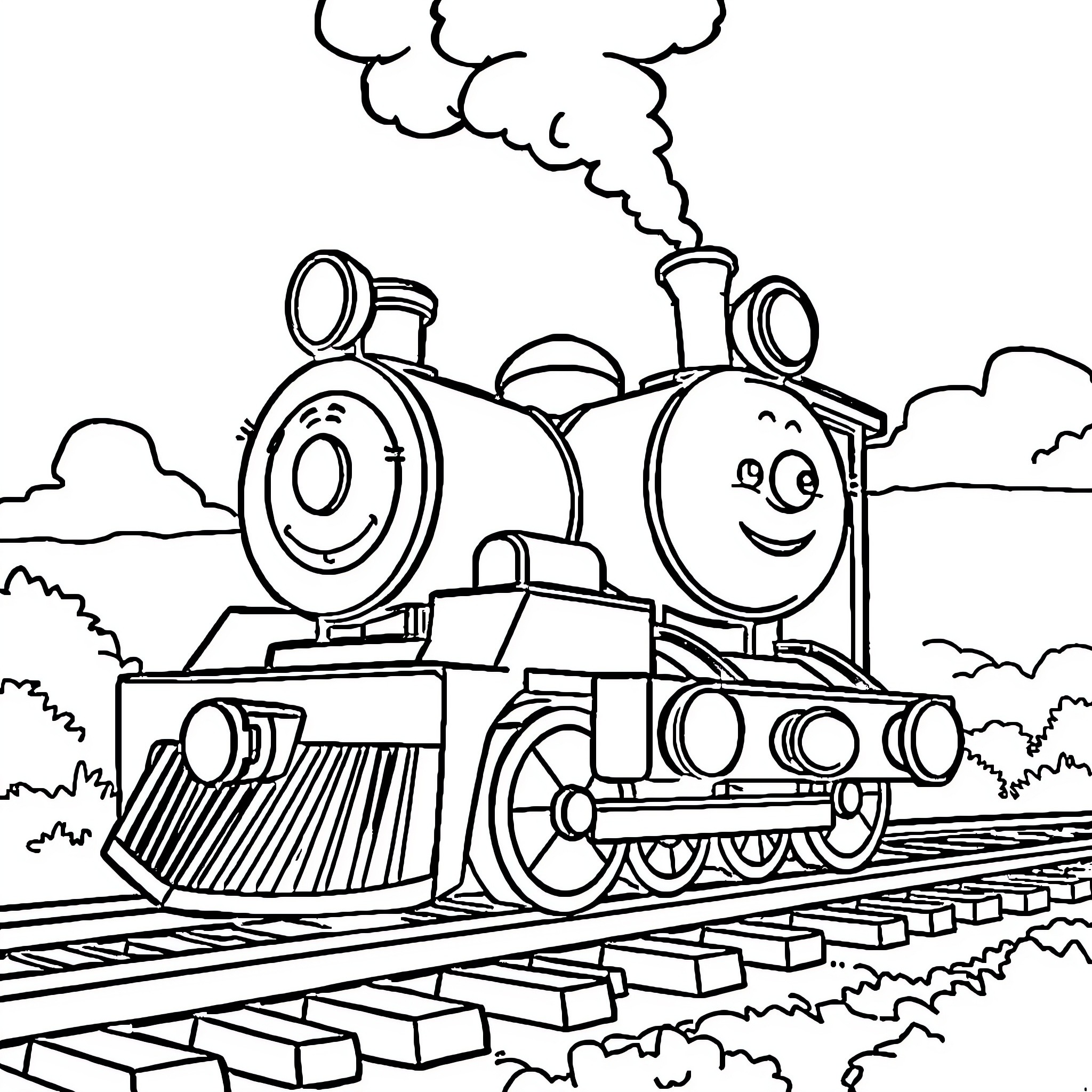 Casey Junior Pulling a Playful Train on Tracks Coloring Page (free black-and-white line drawing printable PDF for all, from beginners to advanced learners, including children, teens, adults, and seniors)