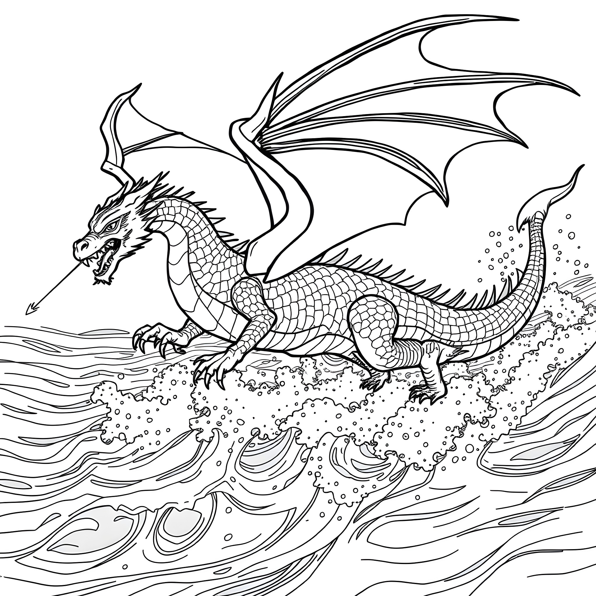 Dragon soaring over stormy seas Coloring Page (free black-and-white line drawing printable PDF for all, from beginners to advanced learners, including children, teens, adults, and seniors)