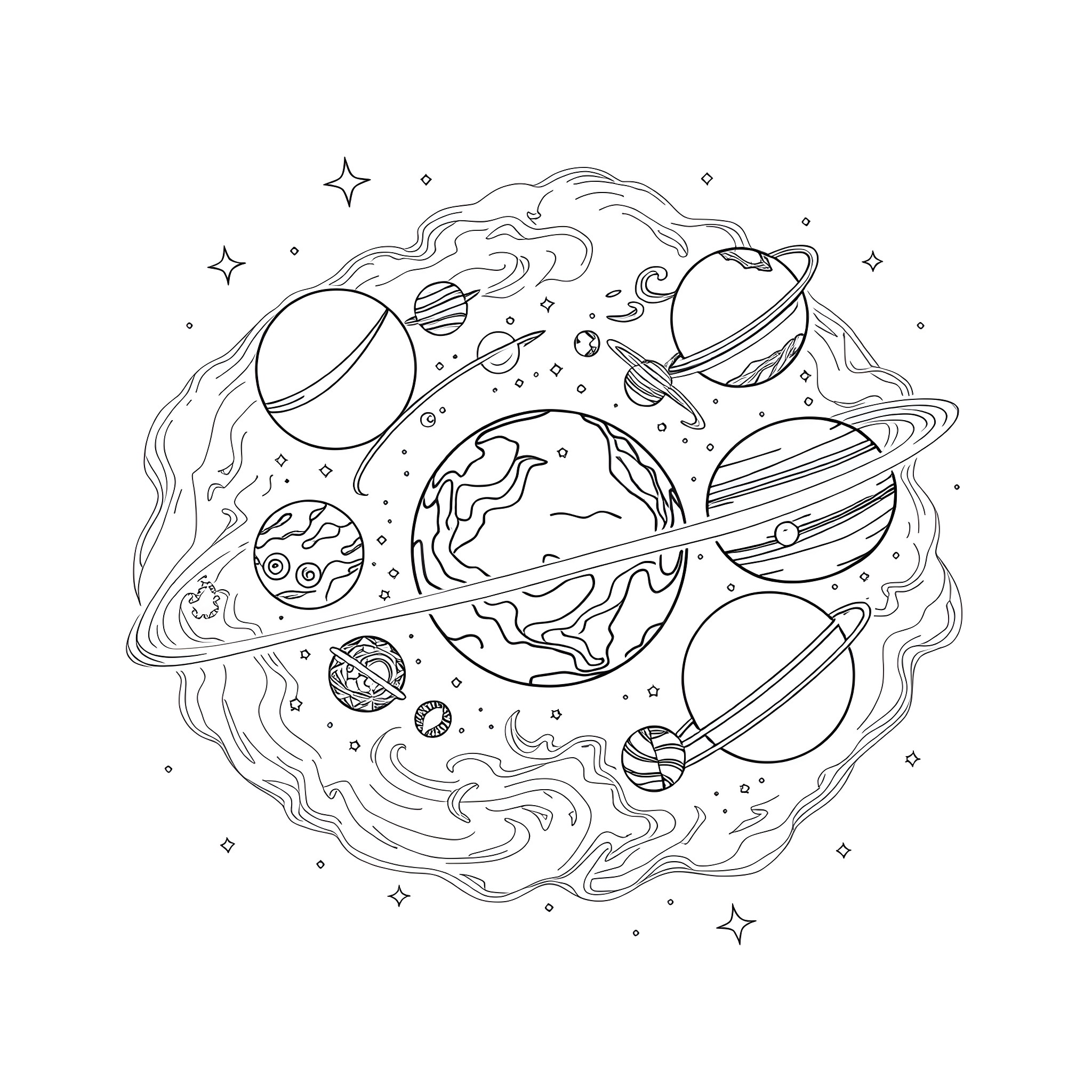 Planet filled with fantasy space objects Coloring Page (free black-and-white line drawing printable PDF for all, from beginners to advanced learners, including children, teens, adults, and seniors)