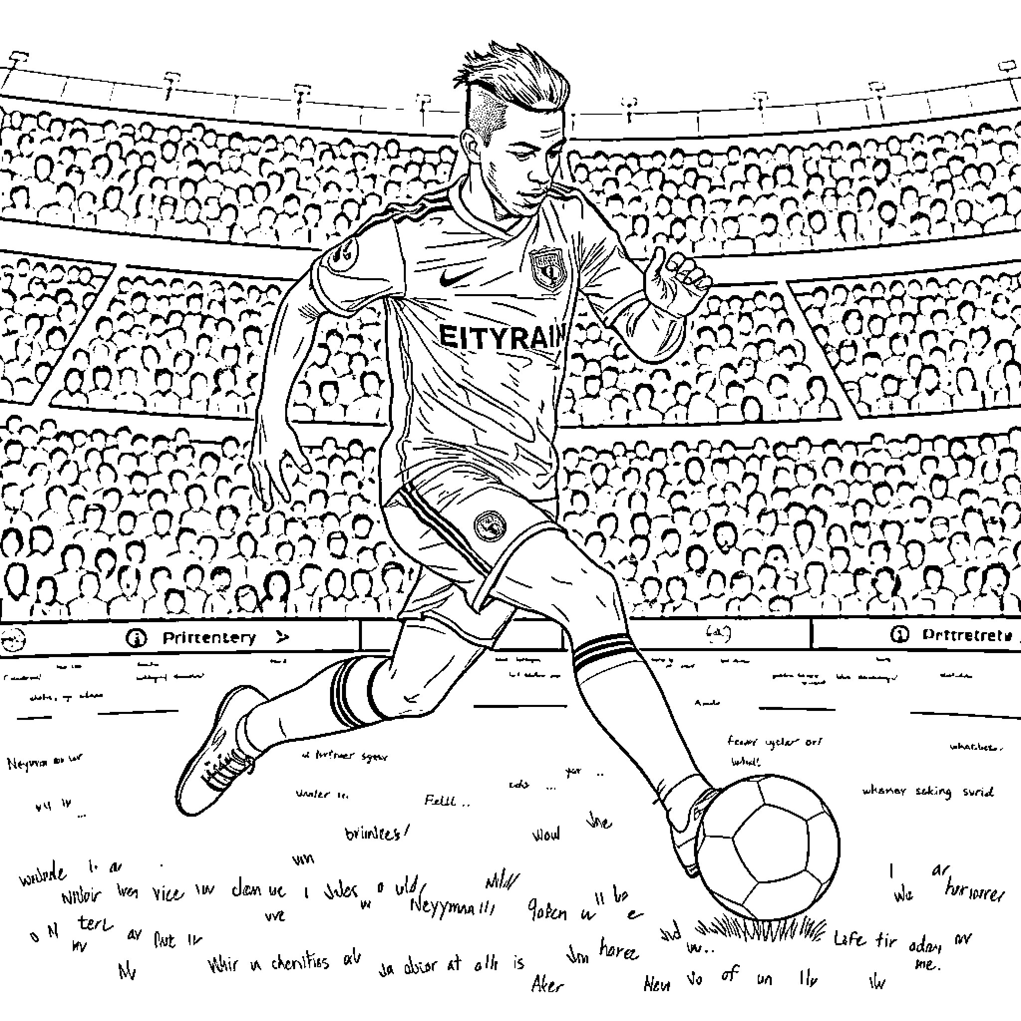 Neymar in action on the soccer field Coloring Page (free black-and-white line drawing printable PDF for all, from beginners to advanced learners, including children, teens, adults, and seniors)