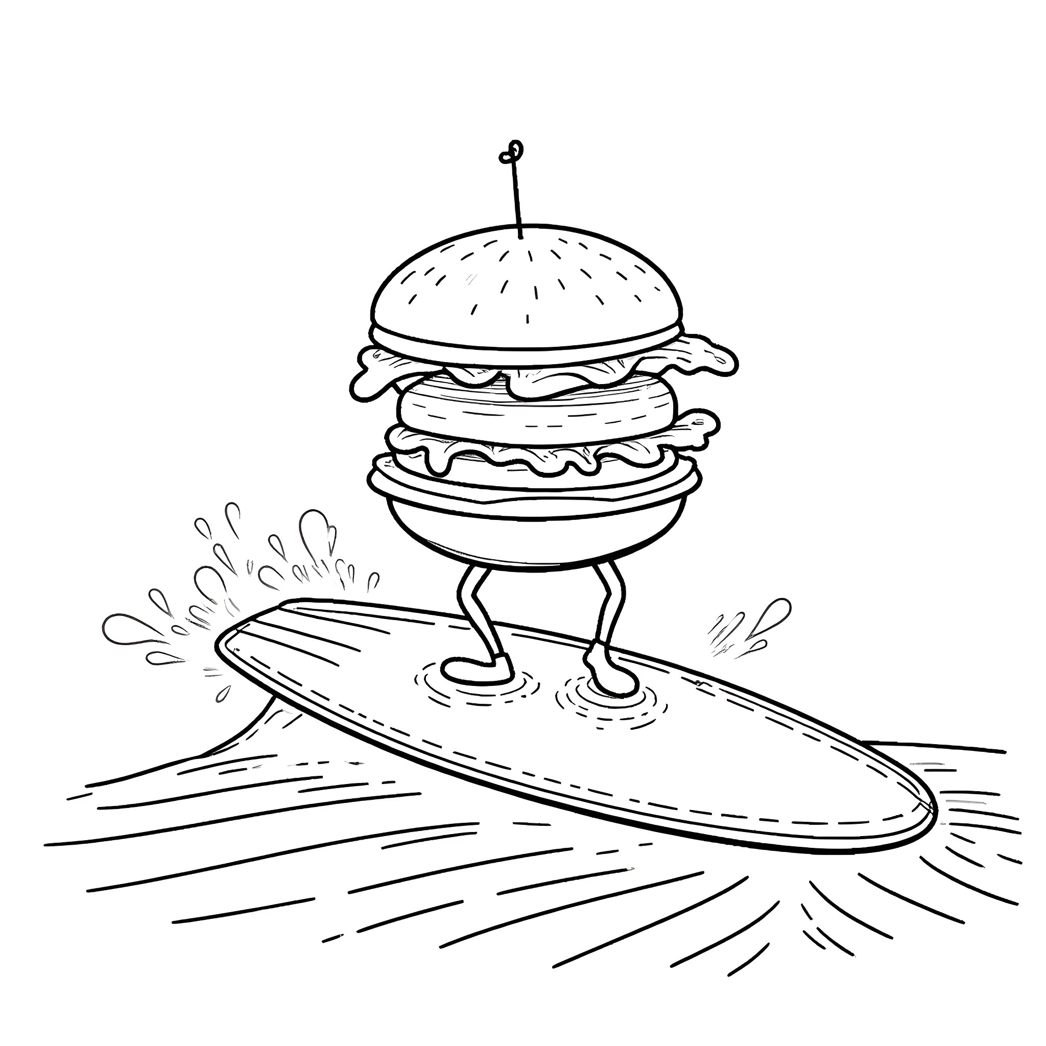 Hamburger surfing on the waves Coloring Page (free black-and-white line drawing printable PDF for all, from beginners to advanced learners, including children, teens, adults, and seniors)