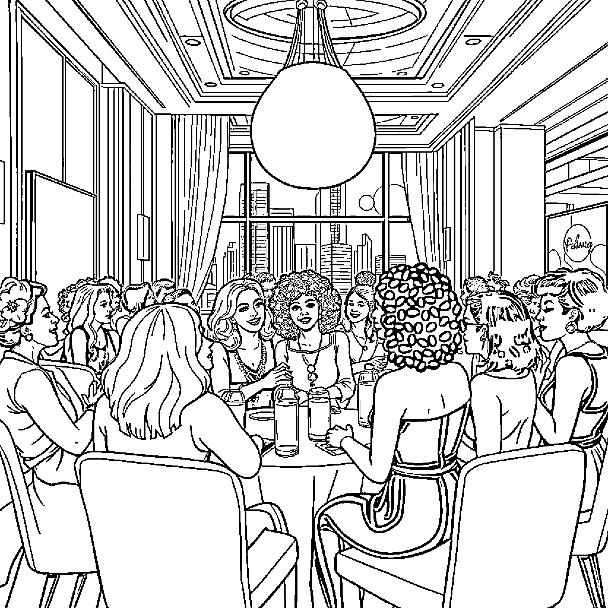 Women enjoying a social gathering in an elegant setting Coloring Page (free black-and-white line drawing printable PDF for all, from beginners to advanced learners, including children, teens, adults, and seniors)