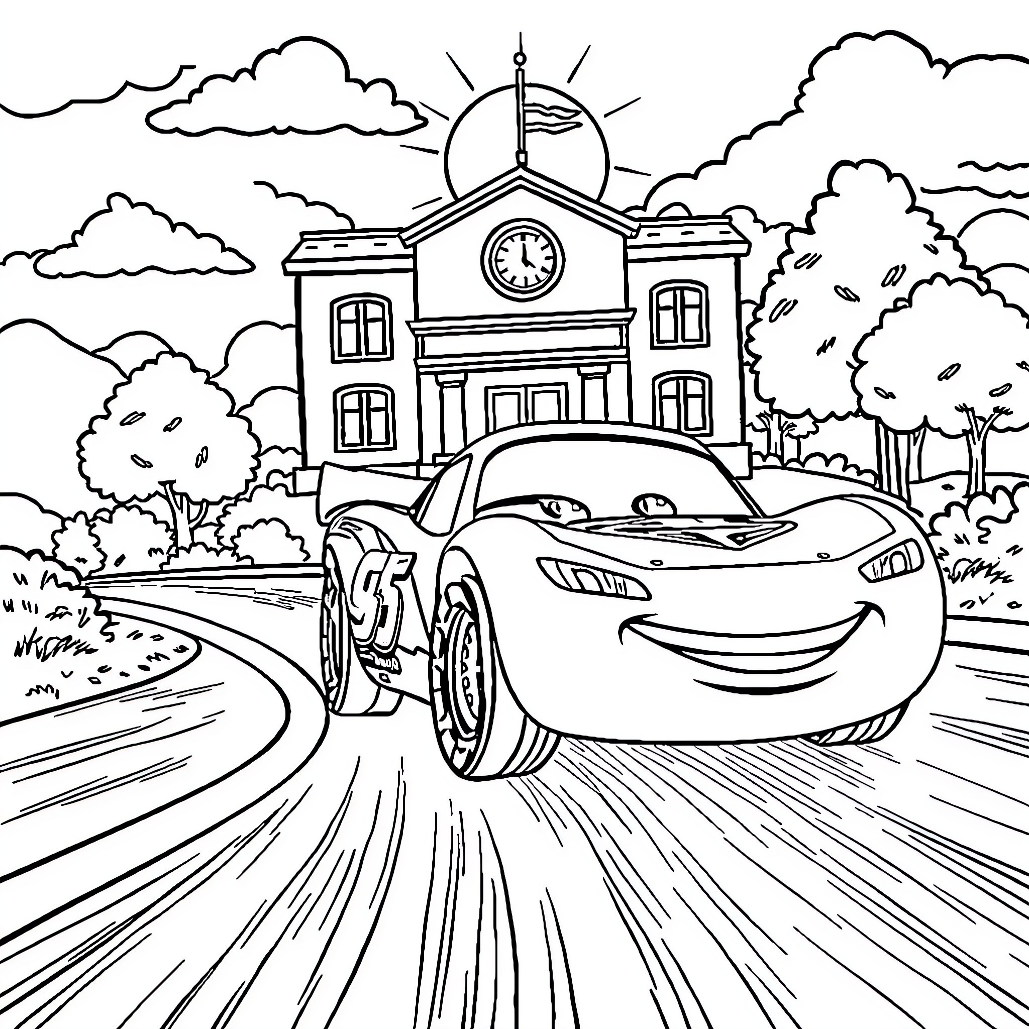 Lightning McQueen racing through a town with a clock tower Coloring Page (free black-and-white line drawing printable PDF for all, from beginners to advanced learners, including children, teens, adults, and seniors)