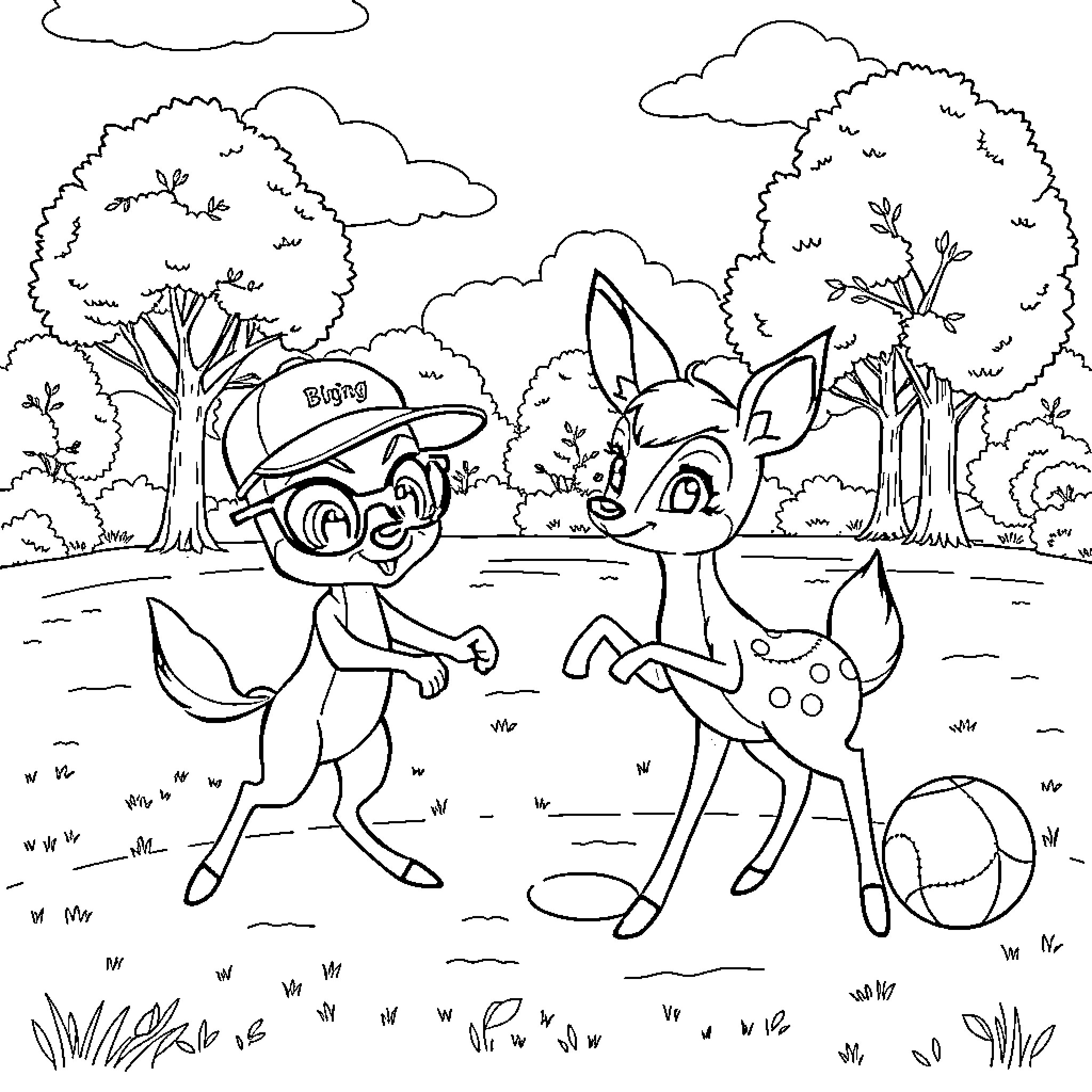 Bing-bong characters playing in the forest Coloring Page (free black-and-white line drawing printable PDF for all, from beginners to advanced learners, including children, teens, adults, and seniors)