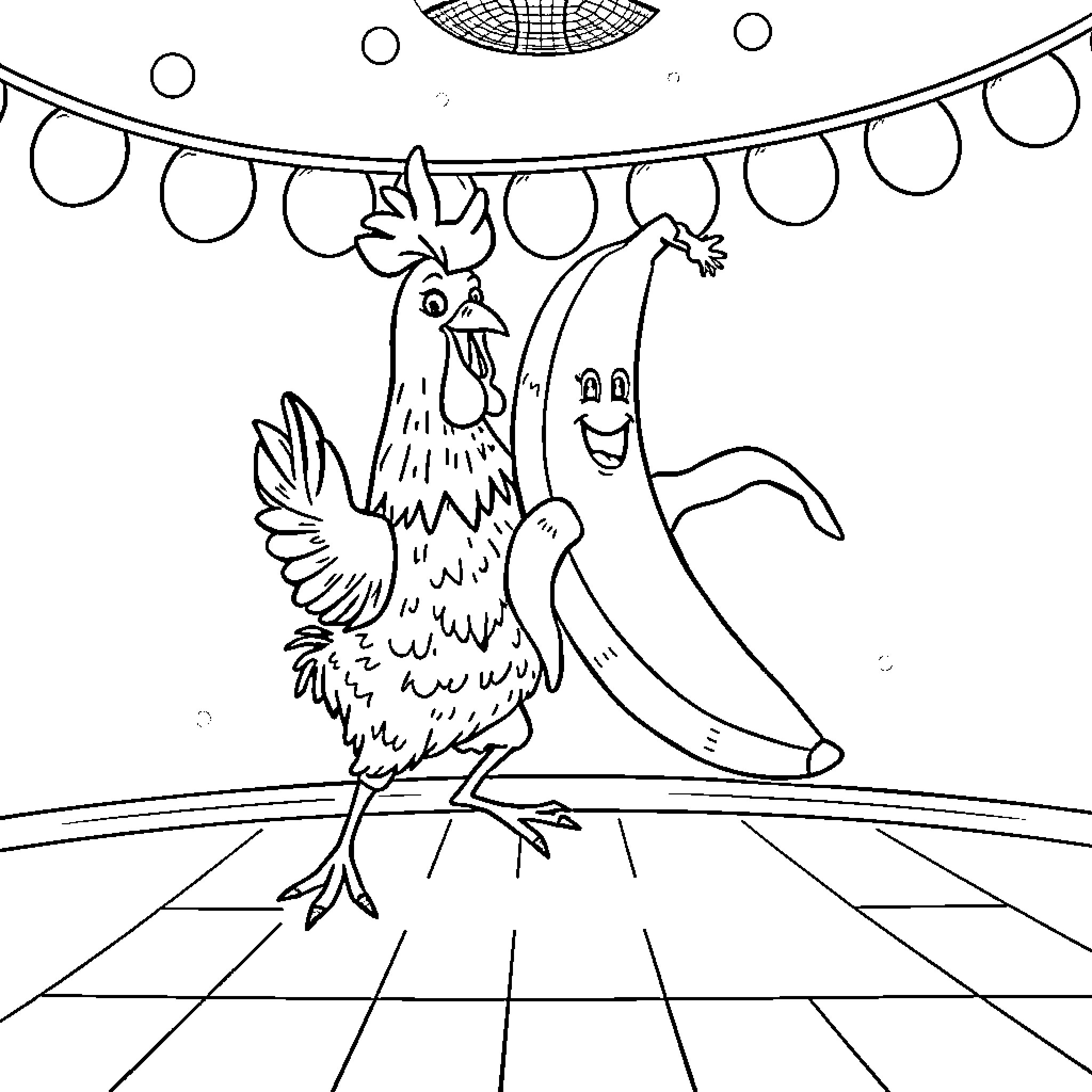 Chicken and Banana dancing under party lights Coloring Page (free black-and-white line drawing printable PDF for all, from beginners to advanced learners, including children, teens, adults, and seniors)
