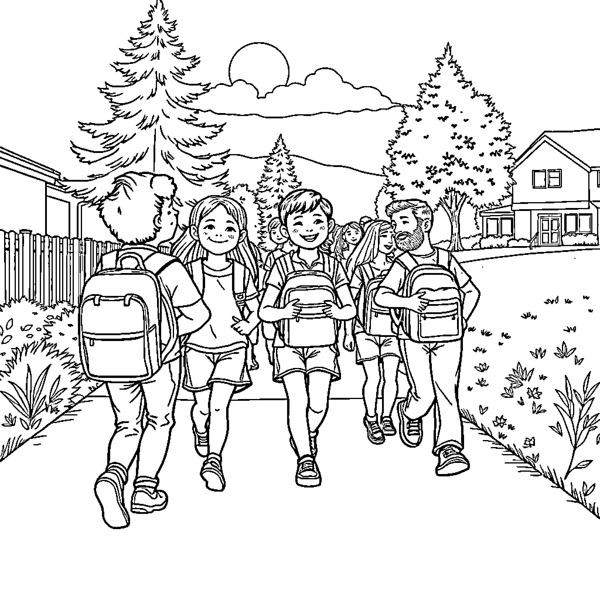 Students walking together in the countryside Coloring Page (free black-and-white line drawing printable PDF for all, from beginners to advanced learners, including children, teens, adults, and seniors)
