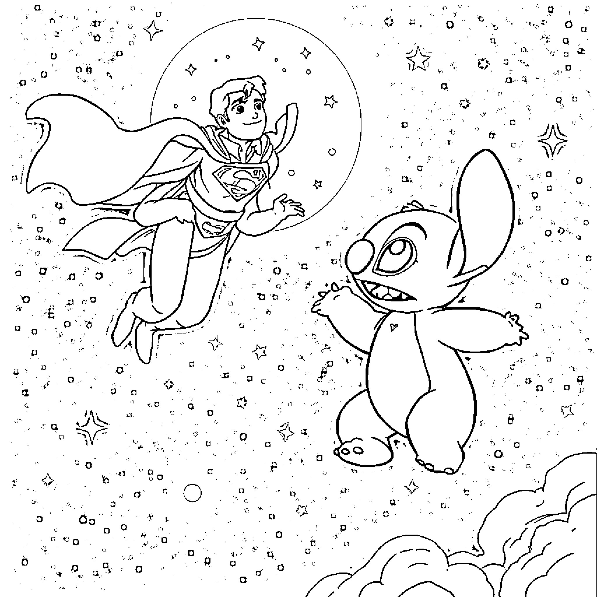 Lilo's Celestial Adventure with Stitch Coloring Page (free black-and-white line drawing printable PDF for all, from beginners to advanced learners, including children, teens, adults, and seniors)