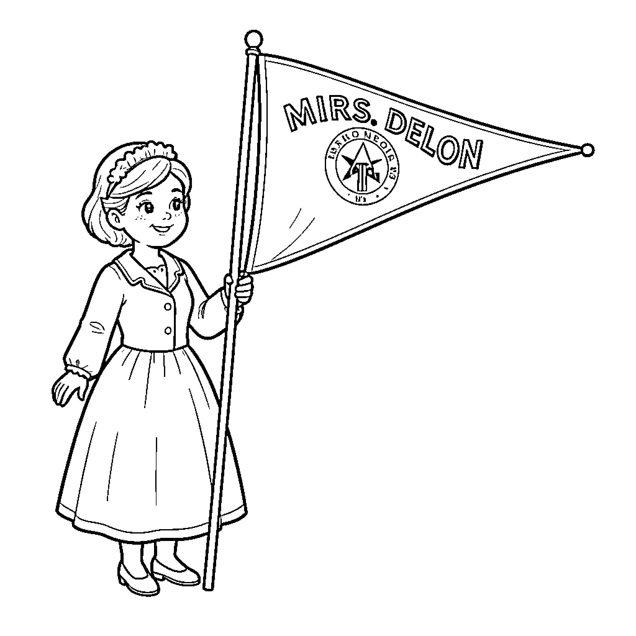 Pennant Flag held by a smiling young girl Coloring Page (free black-and-white line drawing printable PDF for all, from beginners to advanced learners, including children, teens, adults, and seniors)