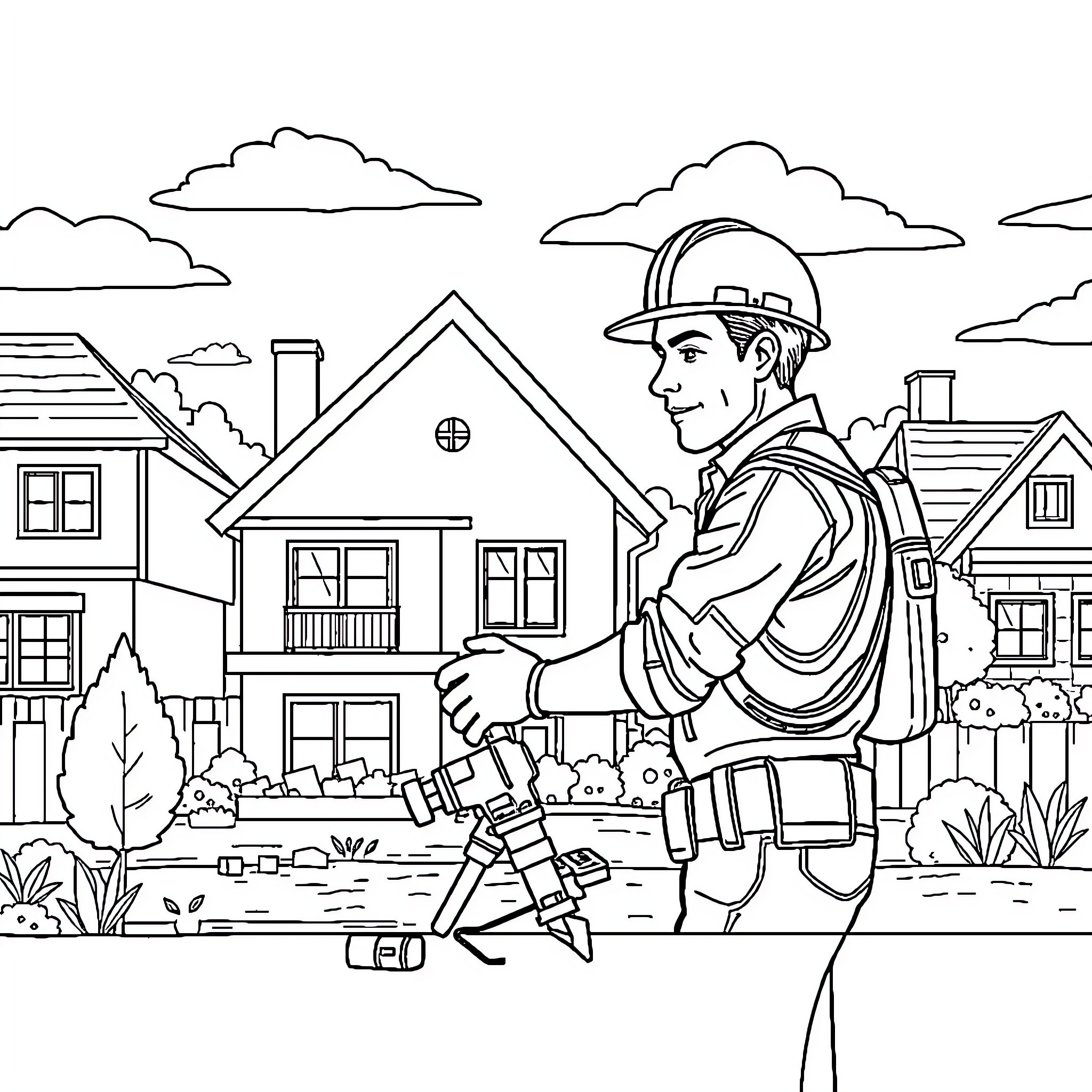 Construction Worker on a Job Site Coloring Page (free black-and-white line drawing printable PDF for all, from beginners to advanced learners, including children, teens, adults, and seniors)